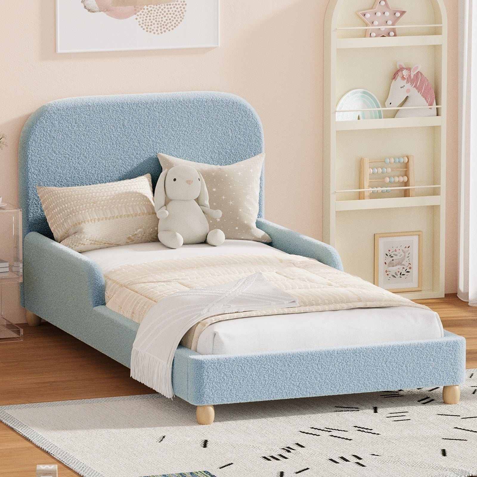 Oikiture Kids Bed Frame Single Size Base with Side Guard Rails Boucle Blue