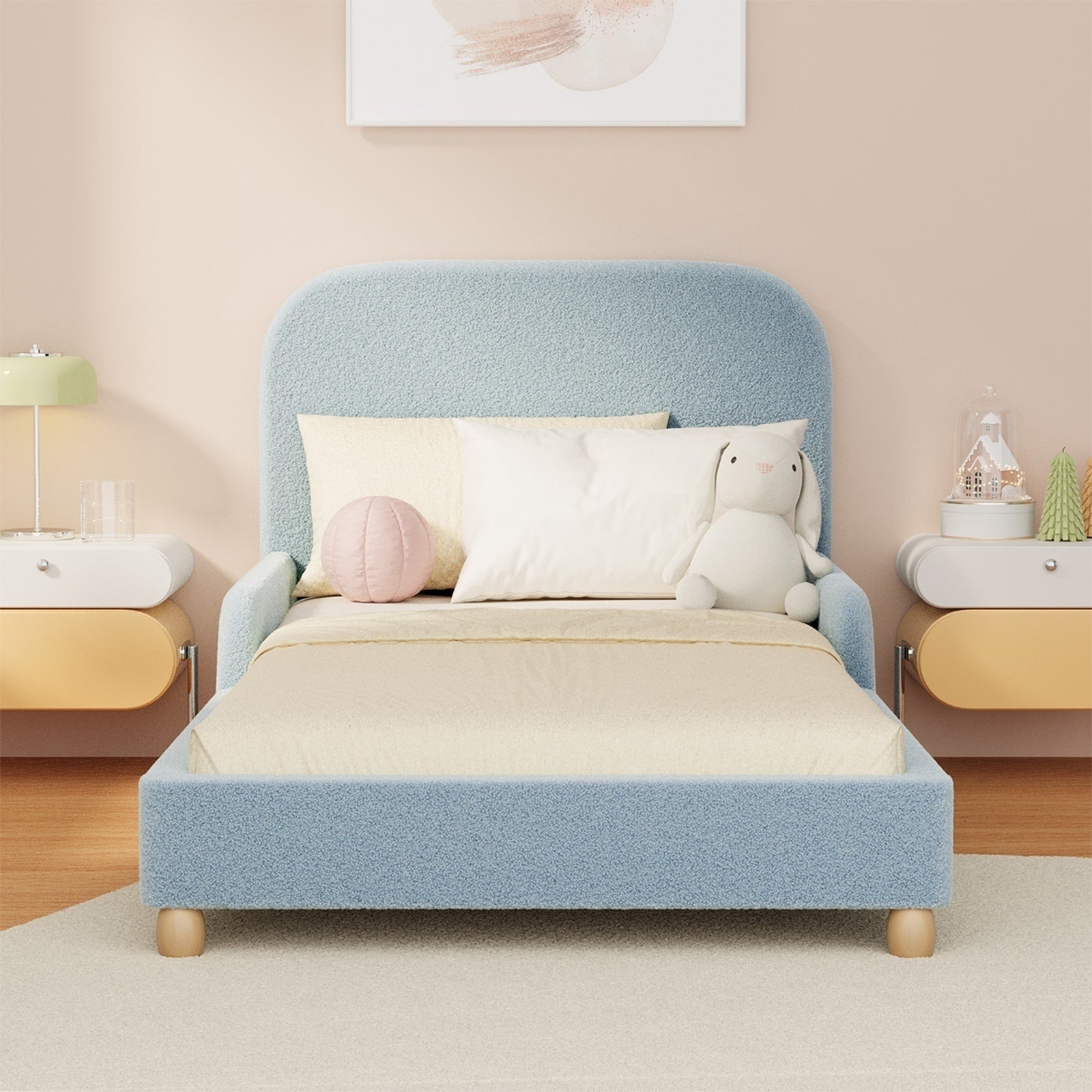 Oikiture Kids Bed Frame Single Size Base with Side Guard Rails Boucle Blue