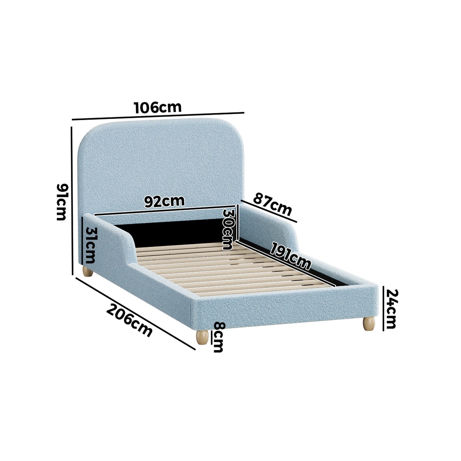 Oikiture Kids Bed Frame Single Size Base with Side Guard Rails Boucle Blue