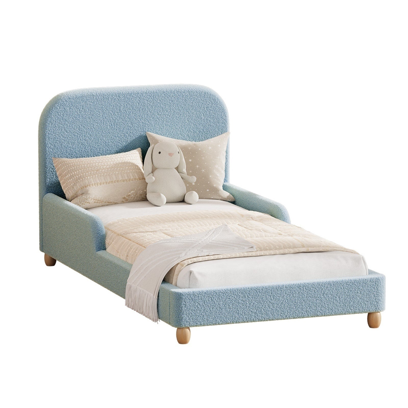 Oikiture Kids Bed Frame Single Size Base with Side Guard Rails Boucle Blue