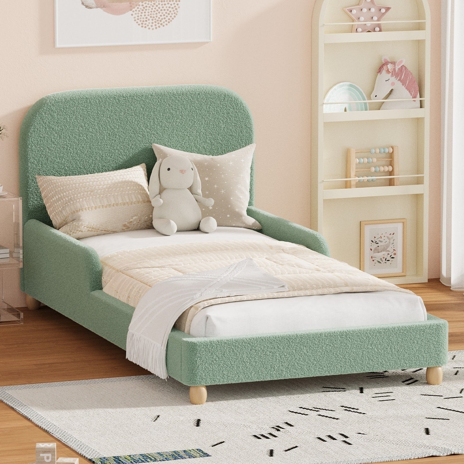 Oikiture Kids Bed Frame Single Size Base with Side Guard Rails Boucle Green