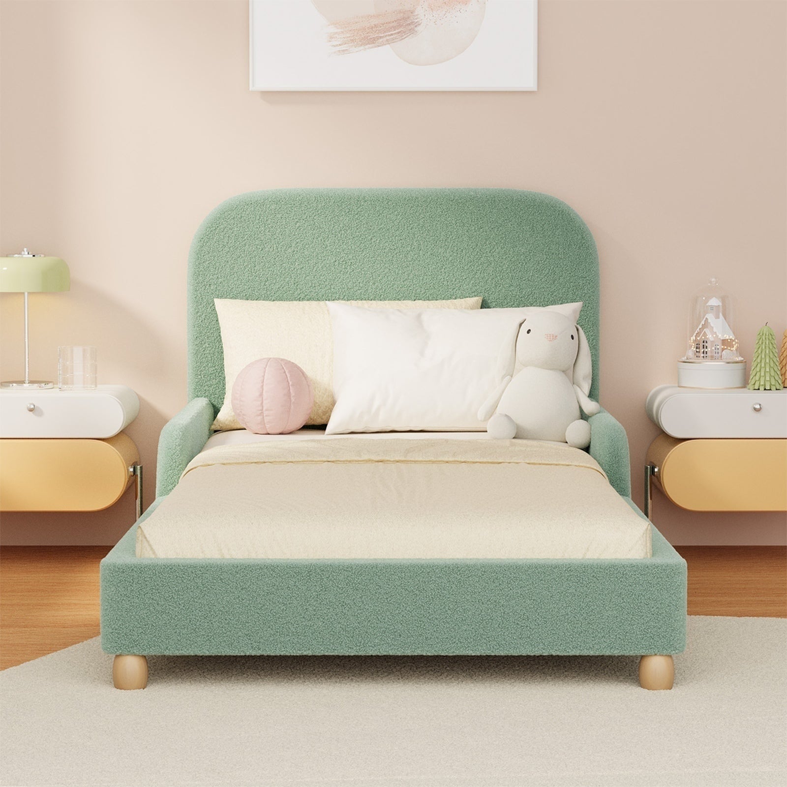 Oikiture Kids Bed Frame Double Size Base with Side Guard Rails Boucle Green