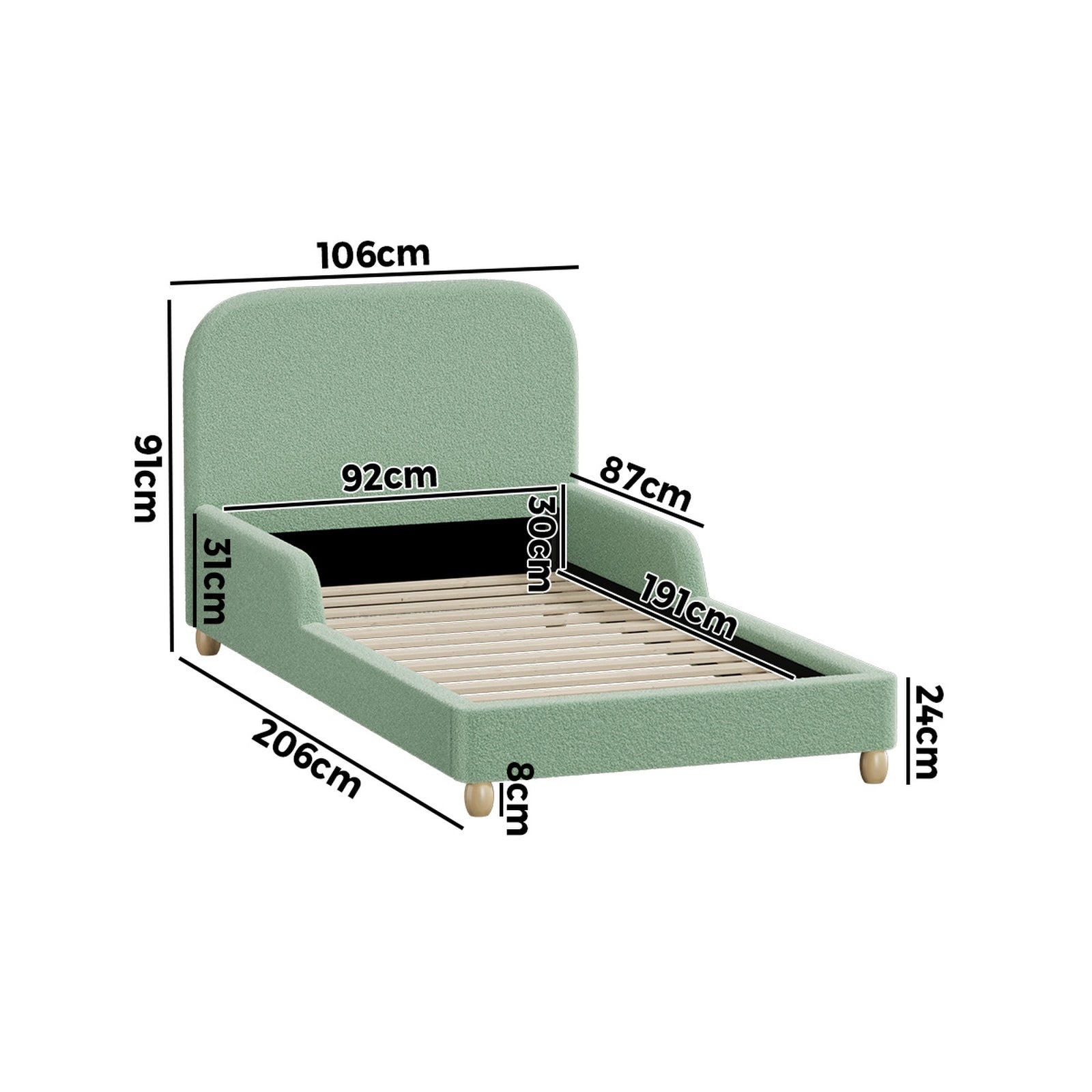 Oikiture Kids Bed Frame Double Size Base with Side Guard Rails Boucle Green