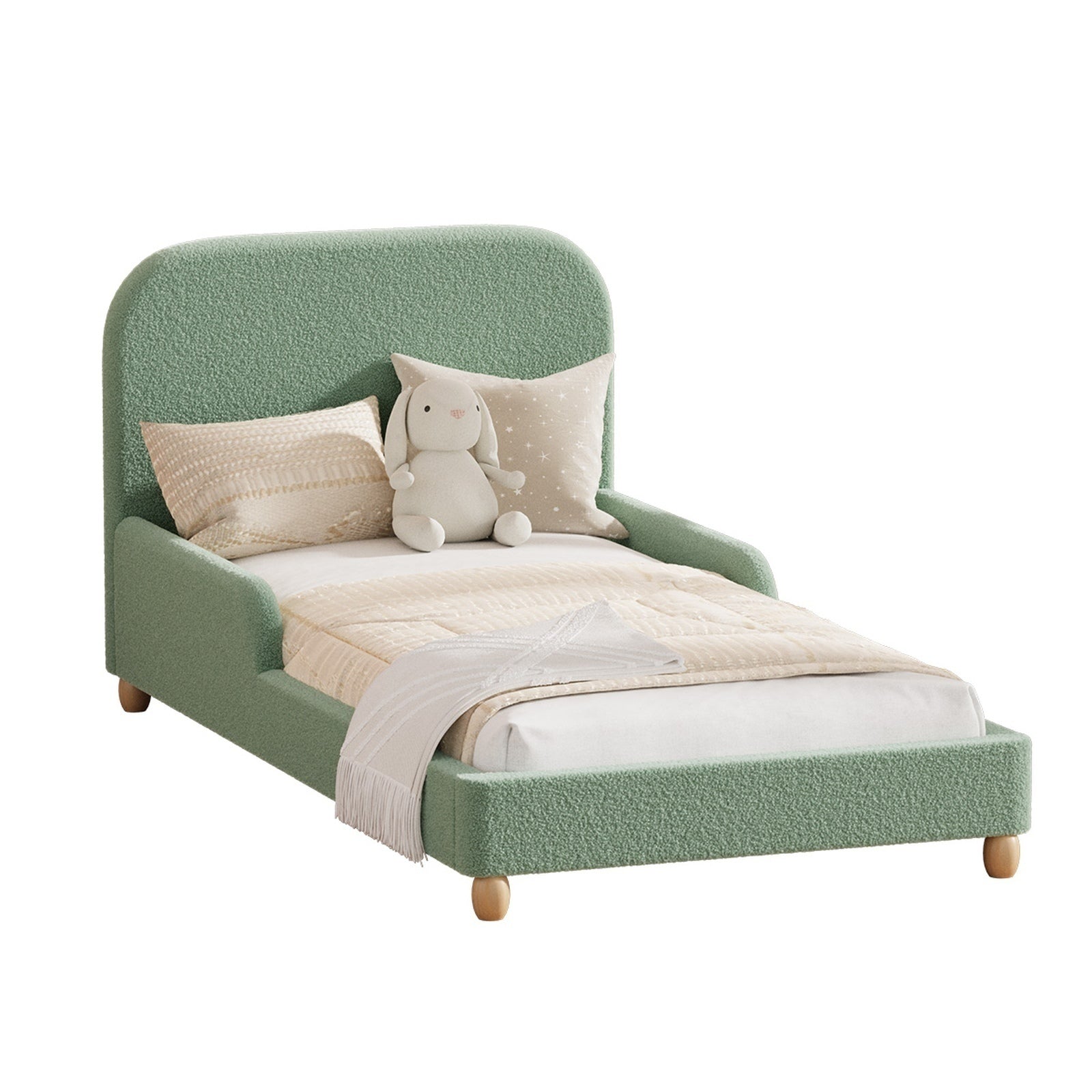 Oikiture Kids Bed Frame Single Size Base with Side Guard Rails Boucle Green
