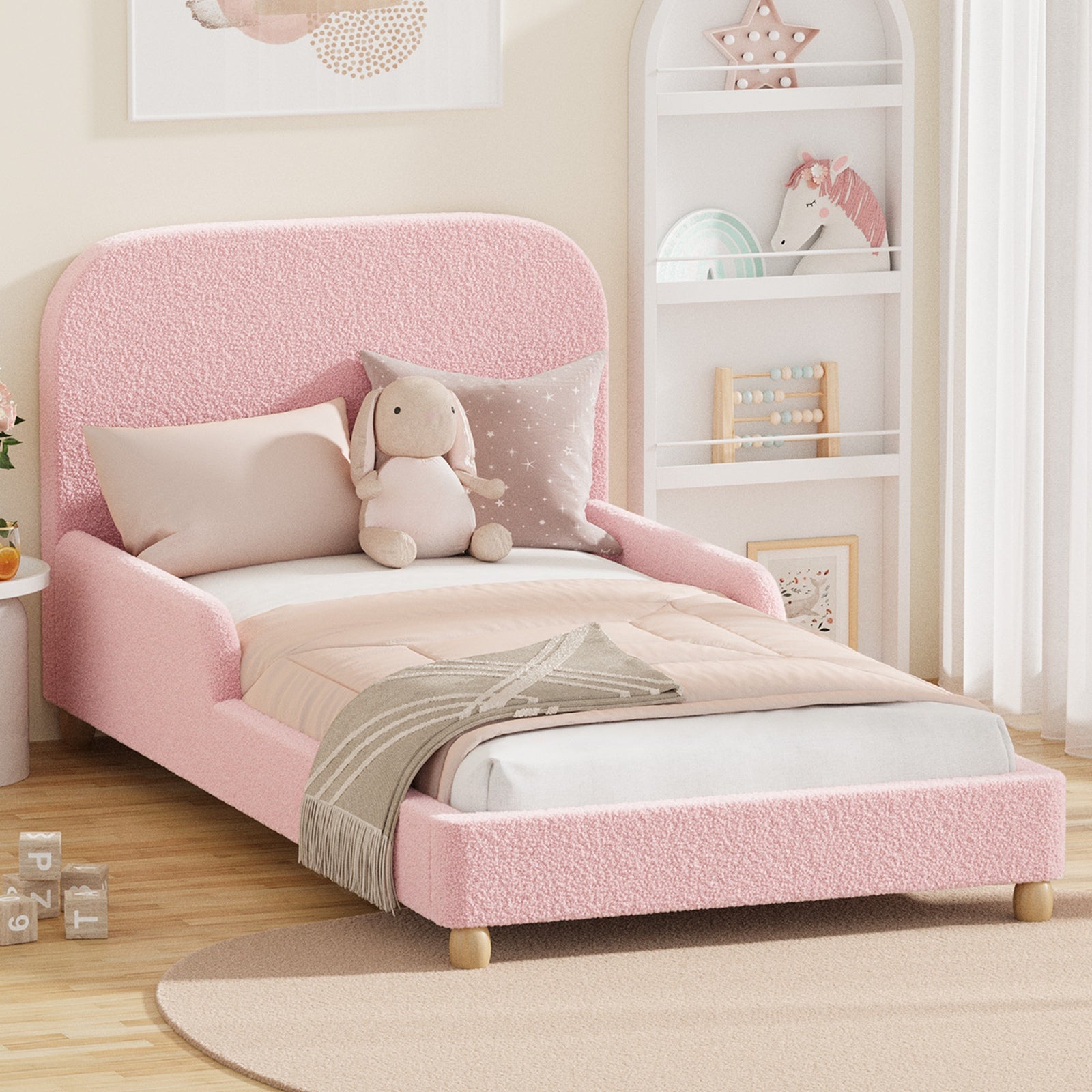 Oikiture Kids Bed Frame Double Single Size Side Guard Rails Boucle Pink - Sunyee