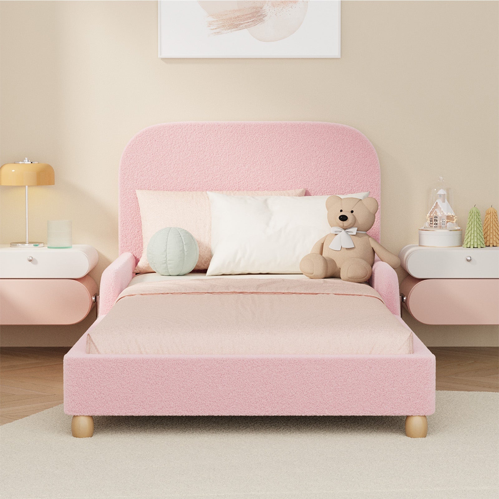 Oikiture Kids Bed Frame Single Size Base with Side Guard Rails Boucle Pink