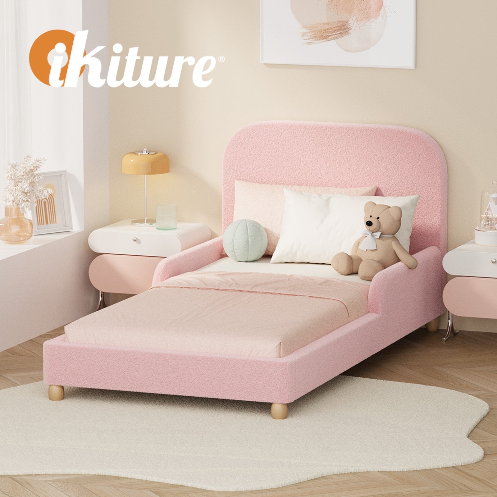Oikiture Kids Bed Frame Single Size Base with Side Guard Rails Boucle Pink