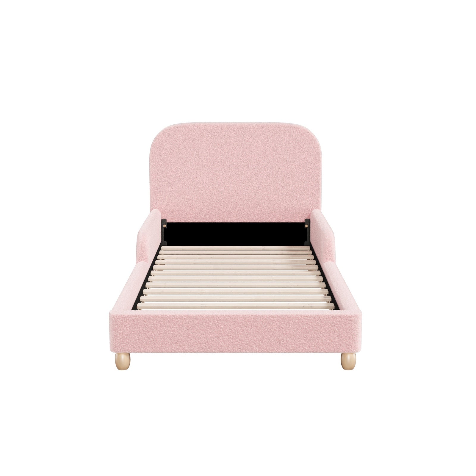 Oikiture Kids Bed Frame Single Size Base with Side Guard Rails Boucle Pink