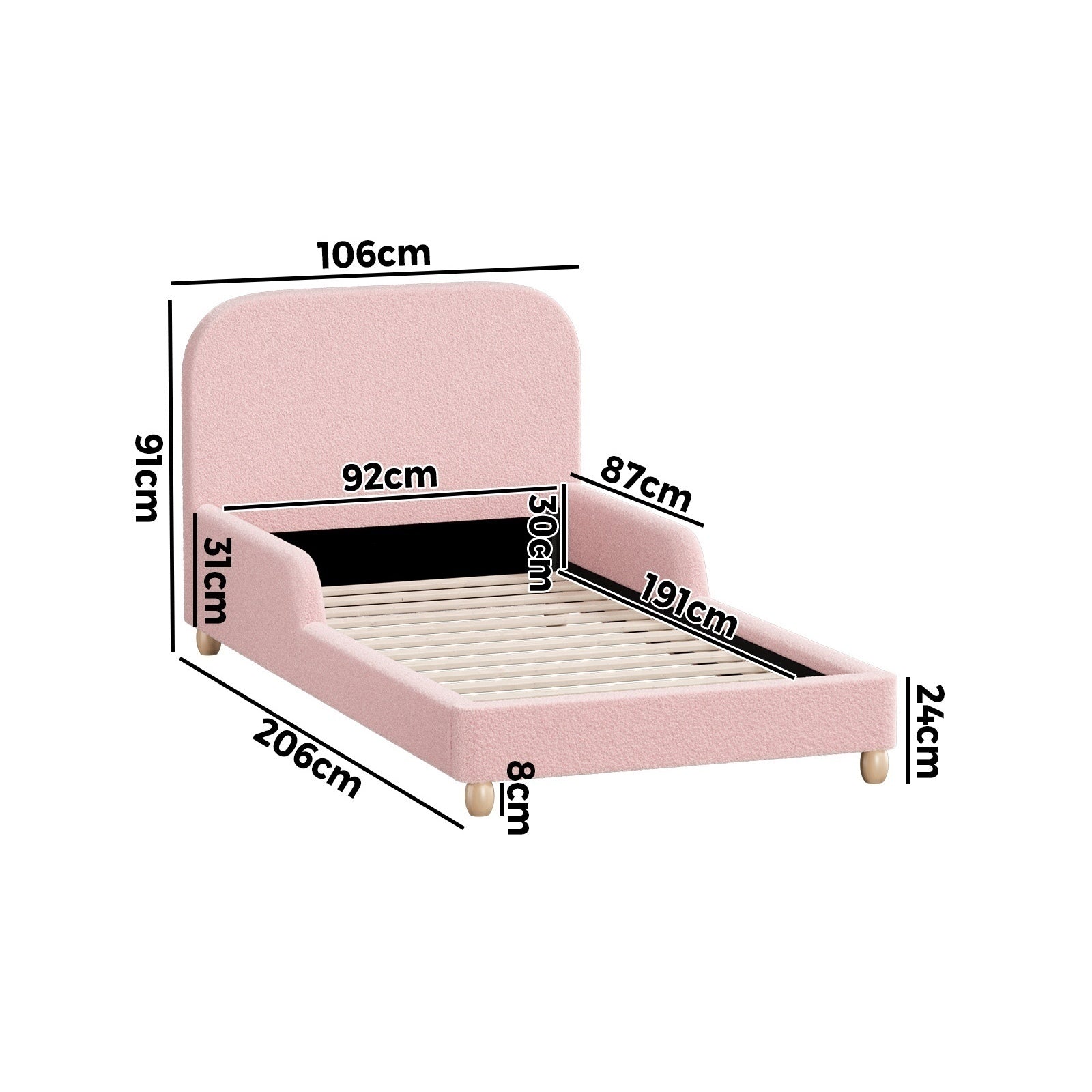 Oikiture Kids Bed Frame Single Size Base with Side Guard Rails Boucle Pink