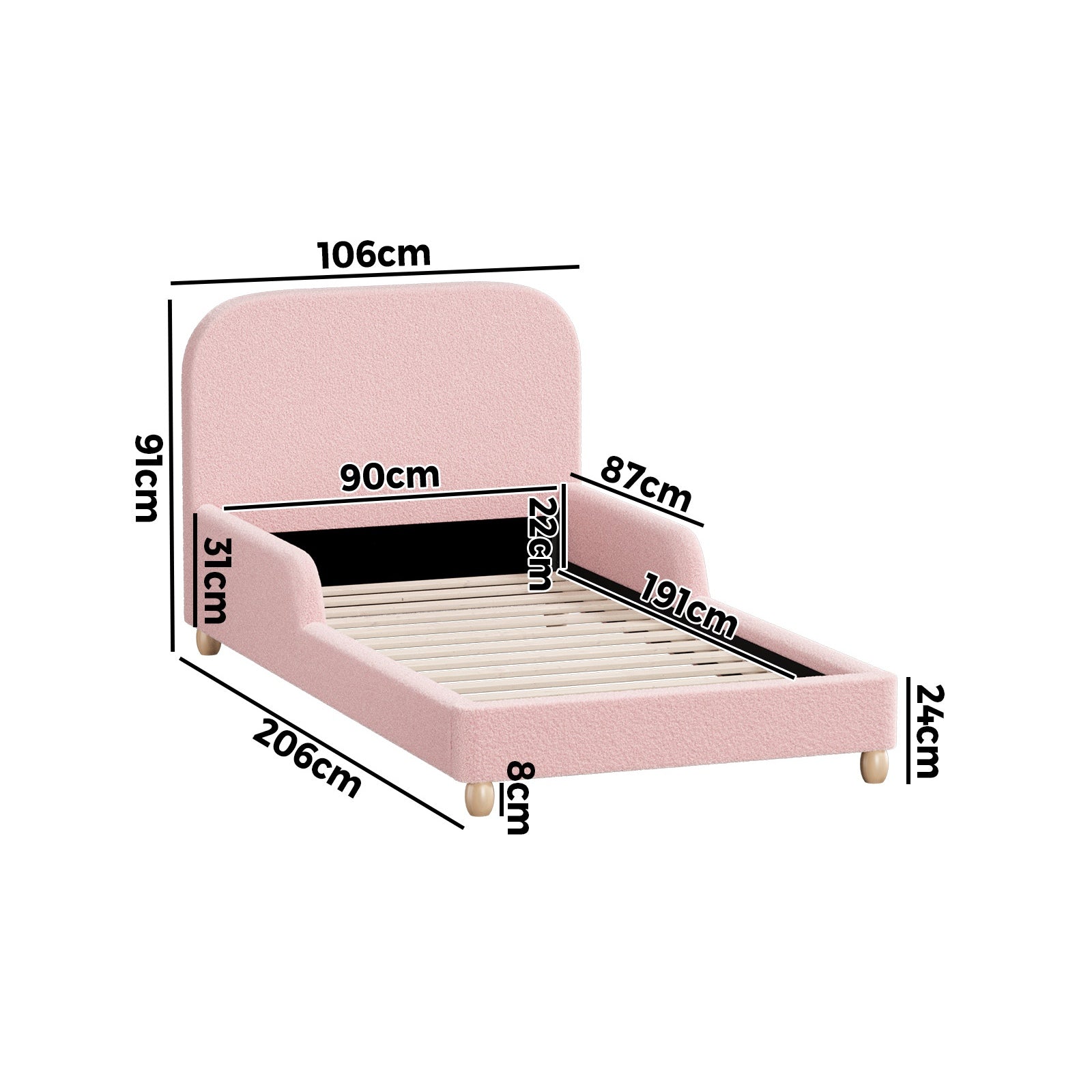 Oikiture Kids Bed Frame Single Size Base with Side Guard Rails Boucle Pink - Sunyee
