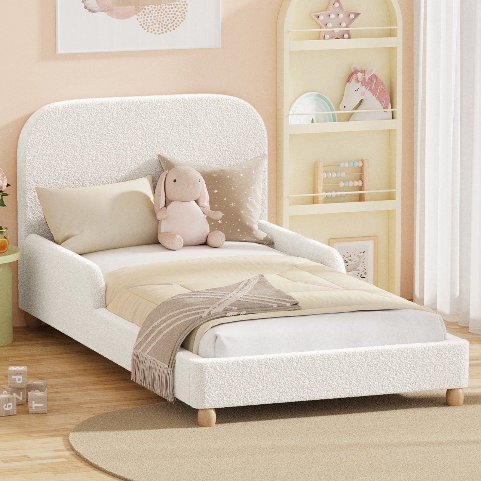 Oikiture Kids Bed Frame Double Single Size Side Guard Rails Boucle White