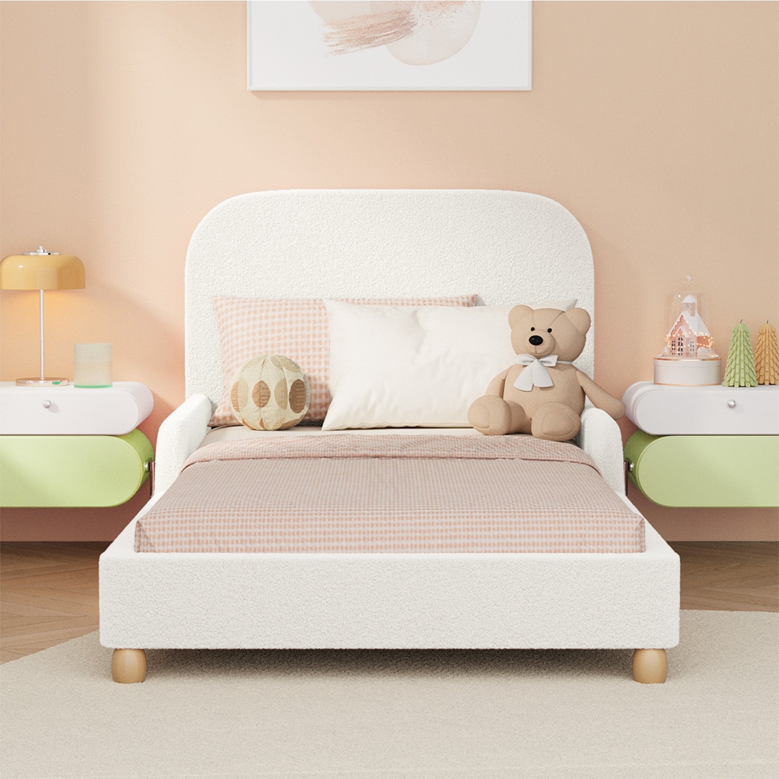 Oikiture Kids Bed Frame Single Size Base with Side Guard Rails Boucle White