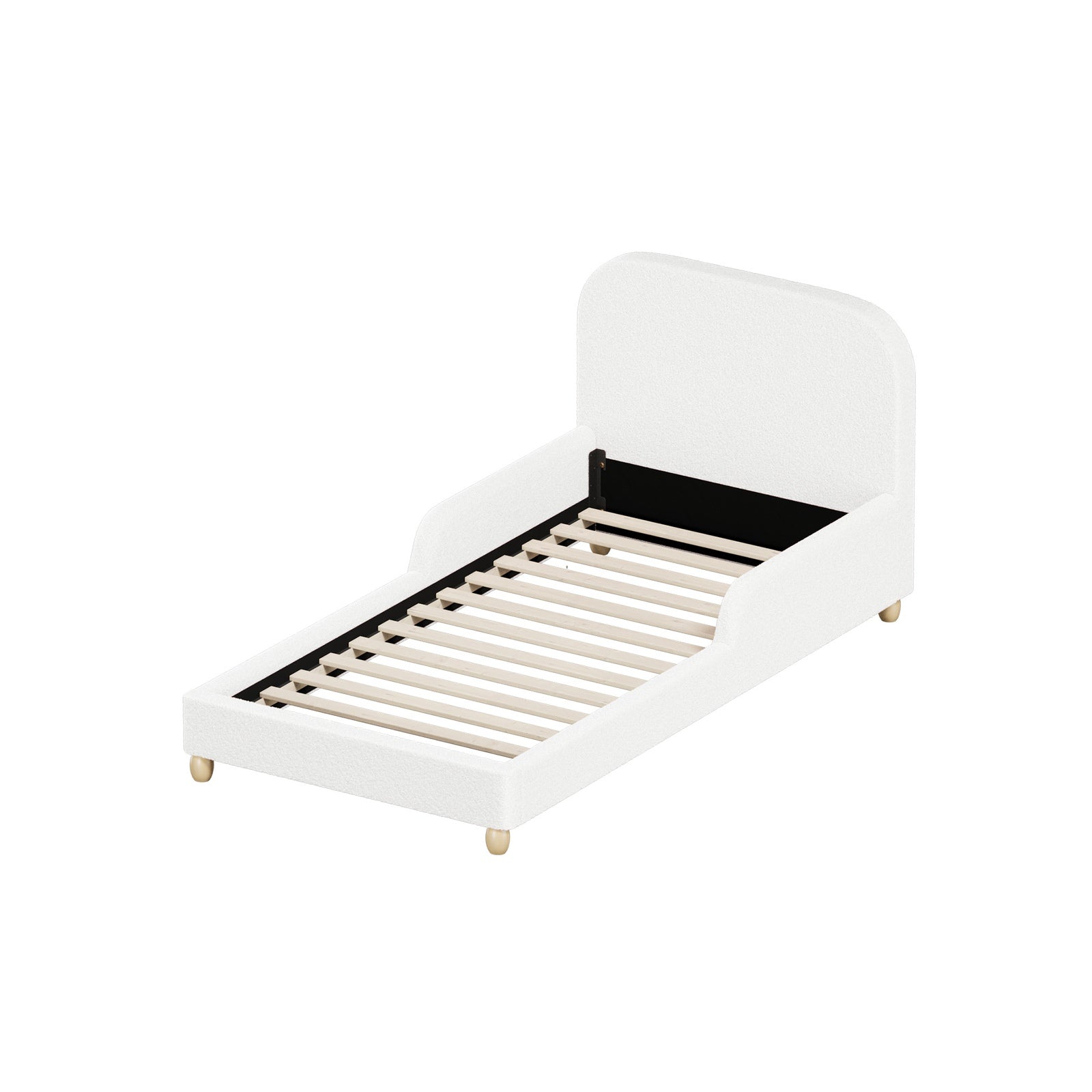 Oikiture Kids Bed Frame Single Size Base with Side Guard Rails Boucle White