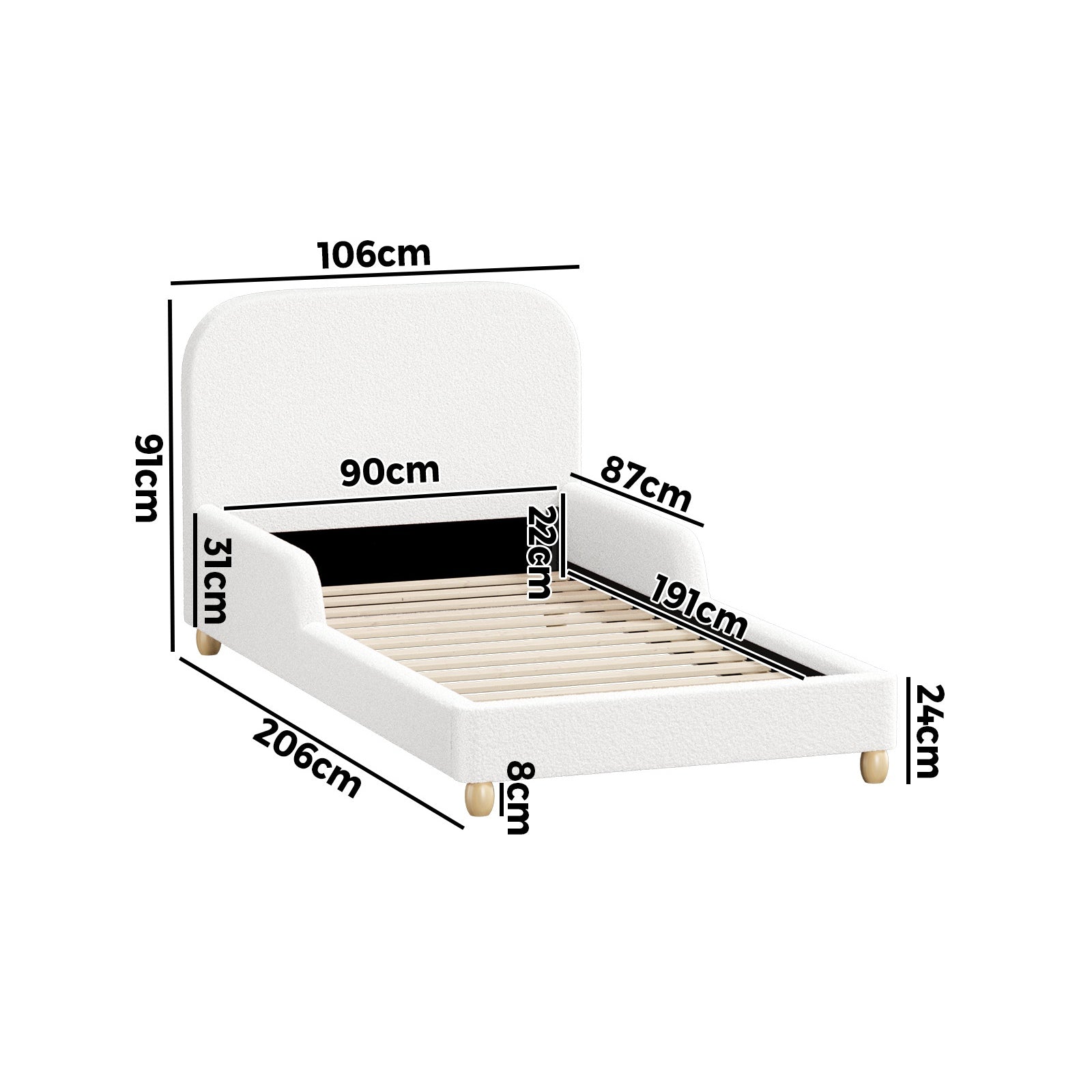 Oikiture Kids Bed Frame Single Size Base with Side Guard Rails Boucle White - Sunyee
