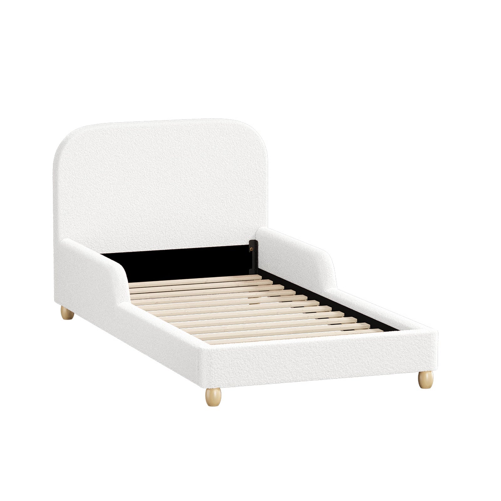 Oikiture Kids Bed Frame Single Size Base with Side Guard Rails Boucle White - Sunyee