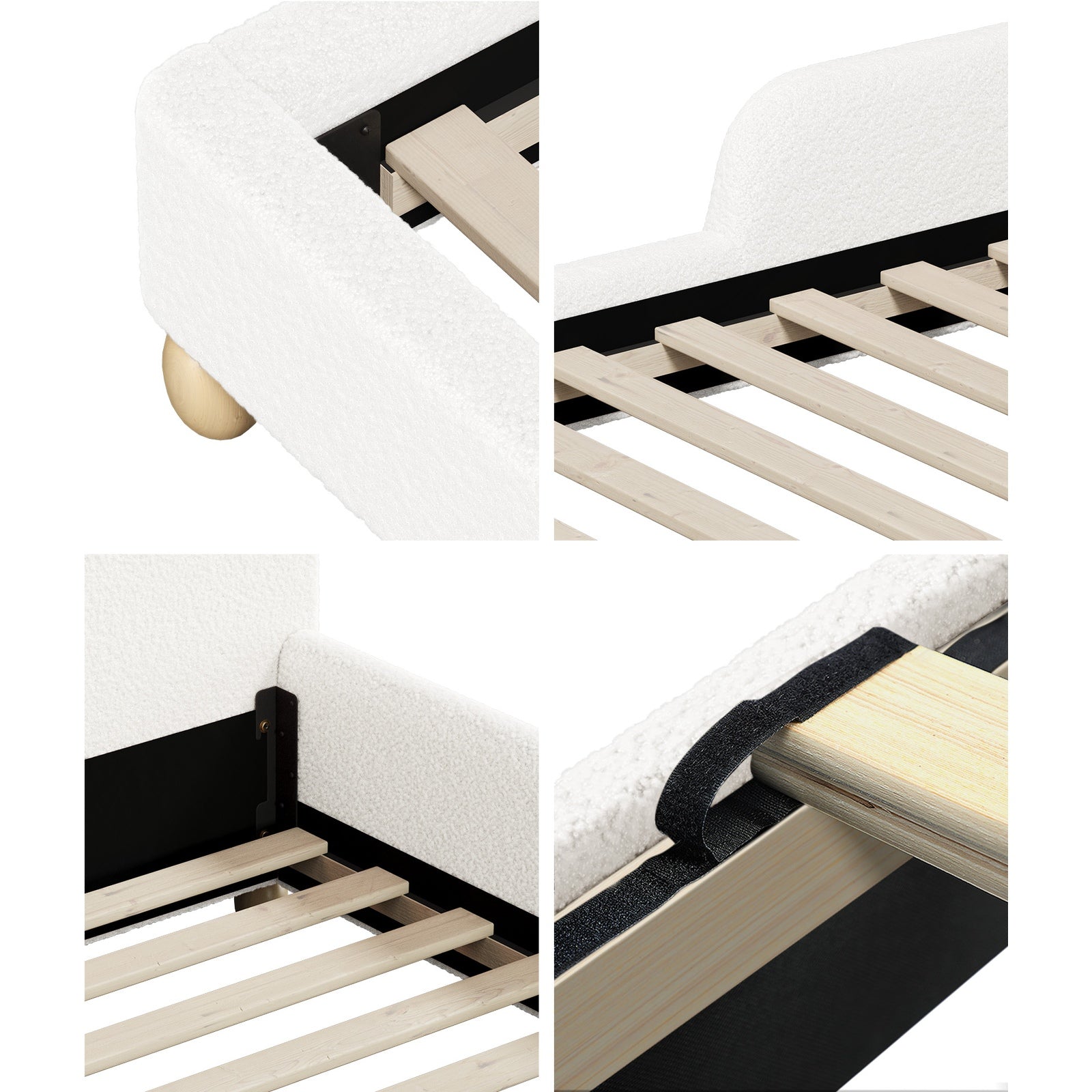 Oikiture Kids Bed Frame Double Single Size Side Guard Rails Boucle White