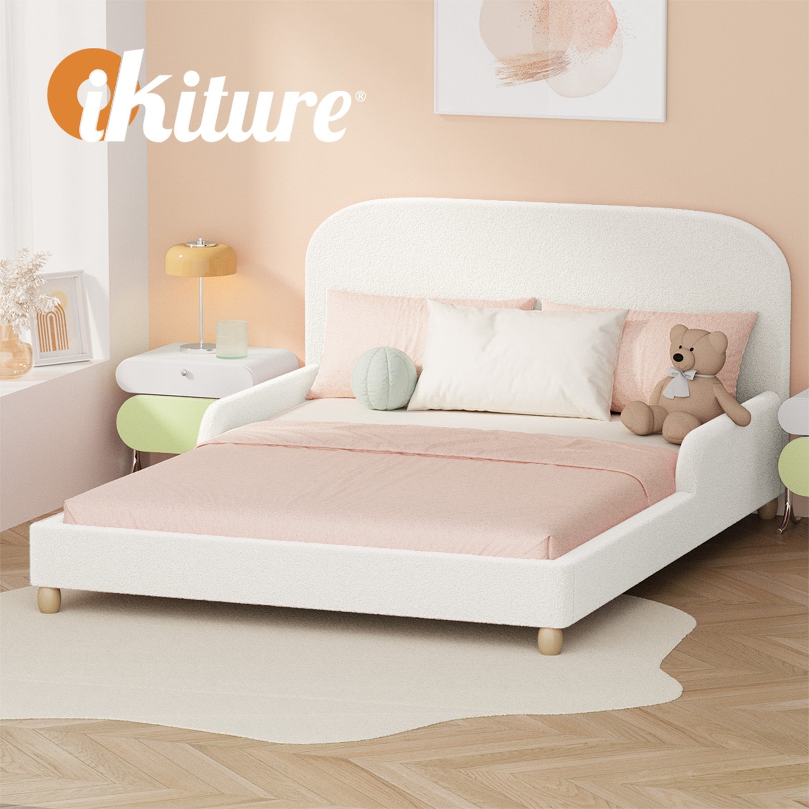 Oikiture Kids Bed Frame Double Single Size Side Guard Rails Boucle White - Sunyee