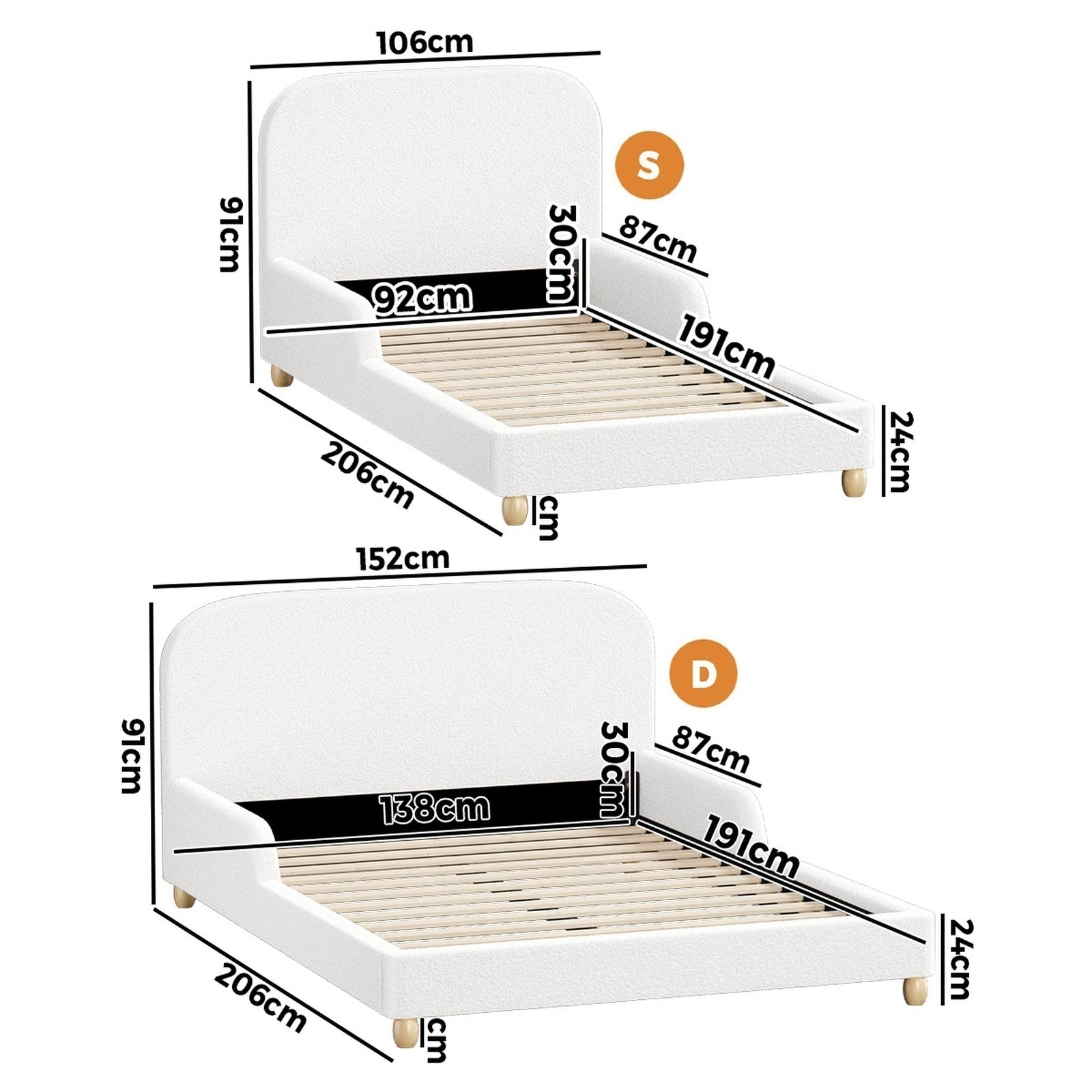 Oikiture Kids Bed Frame Double Single Size Side Guard Rails Boucle White