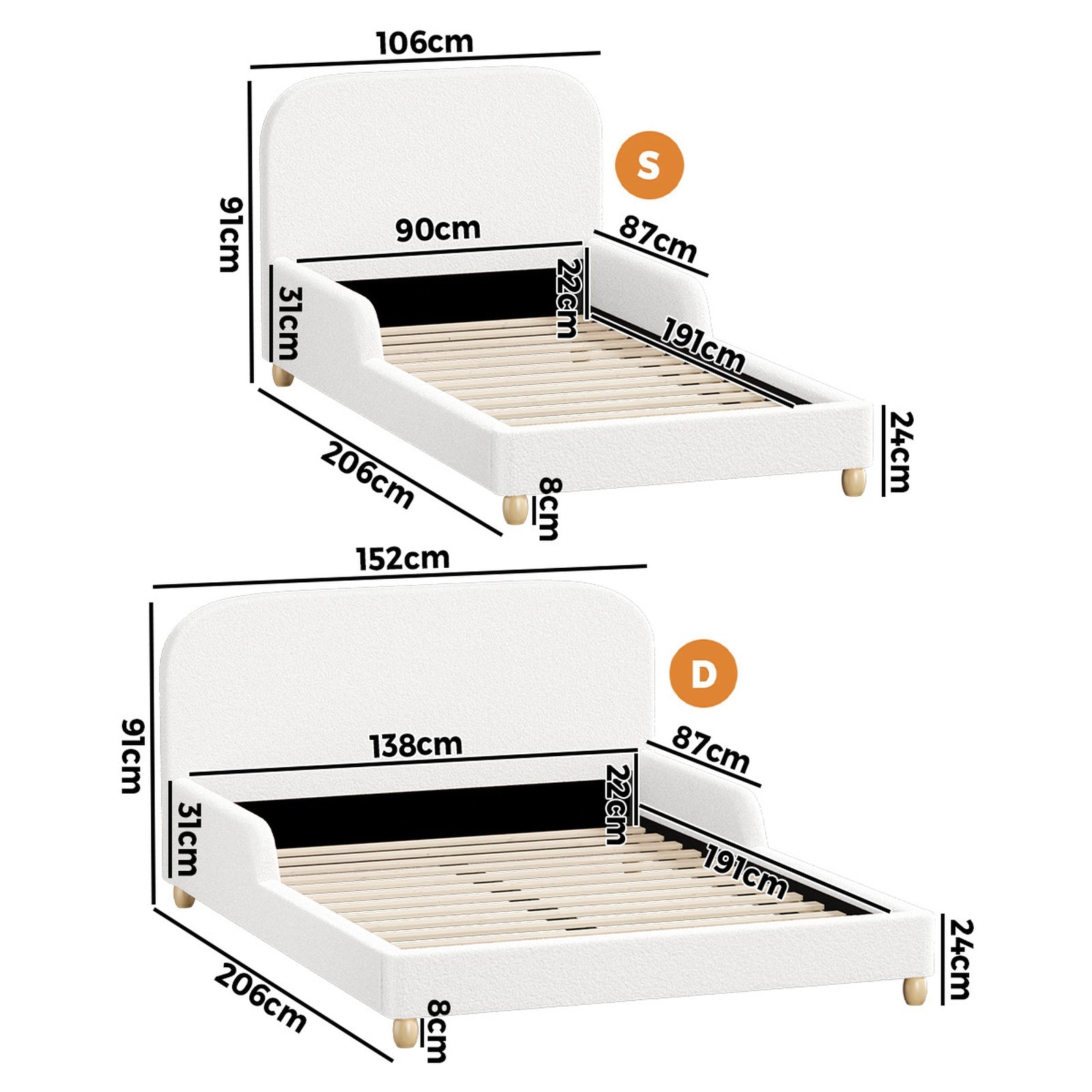 Oikiture Kids Bed Frame Double Single Size Side Guard Rails Boucle White - Sunyee
