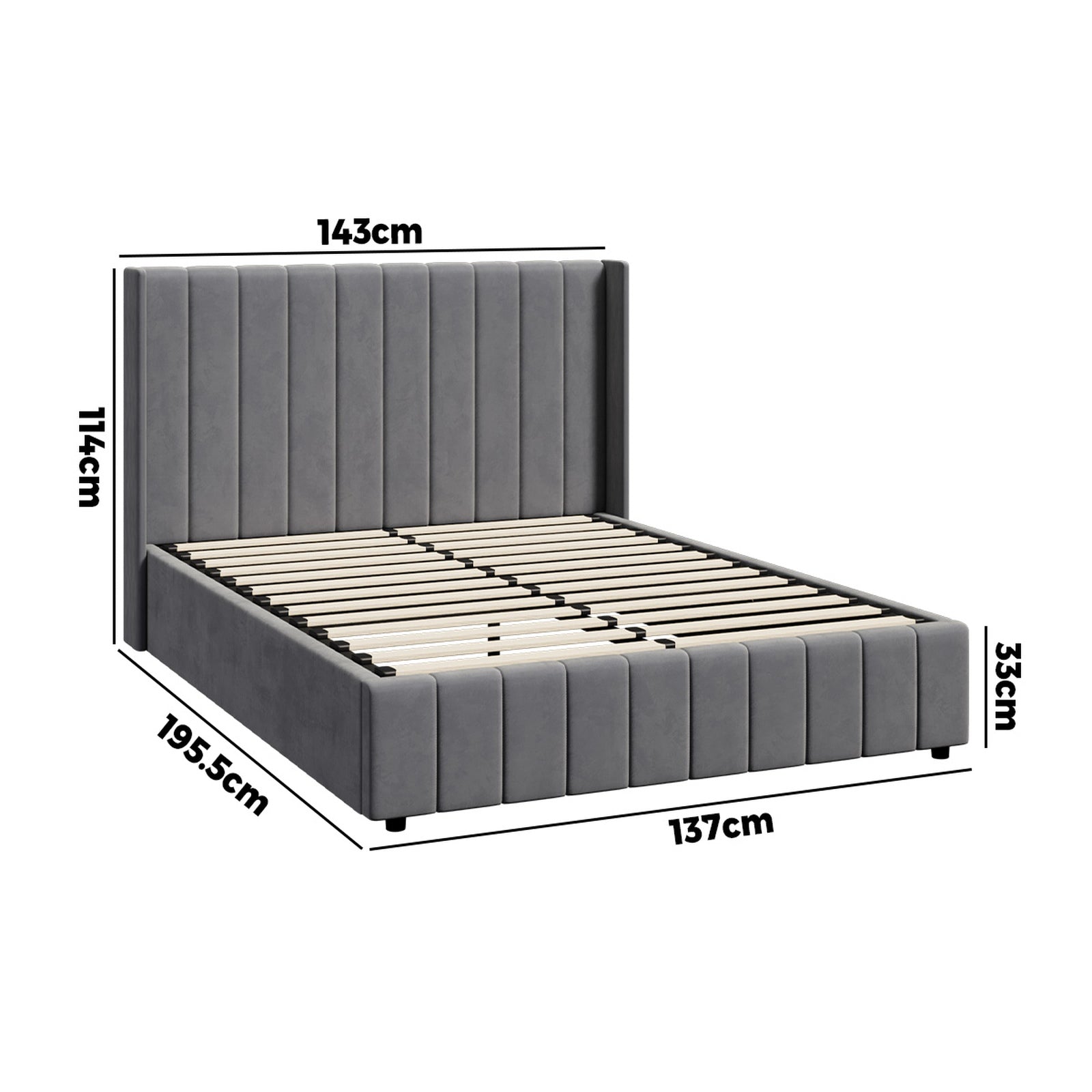 Oikiture Bed Frame Double Size Gas Lift Base with Storage Velvet Grey - Sunyee