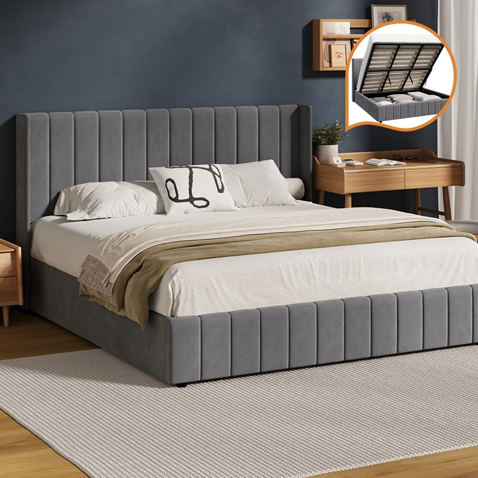 Oikiture Bed Frame Double Size Gas Lift Base with Storage Velvet Grey - Sunyee