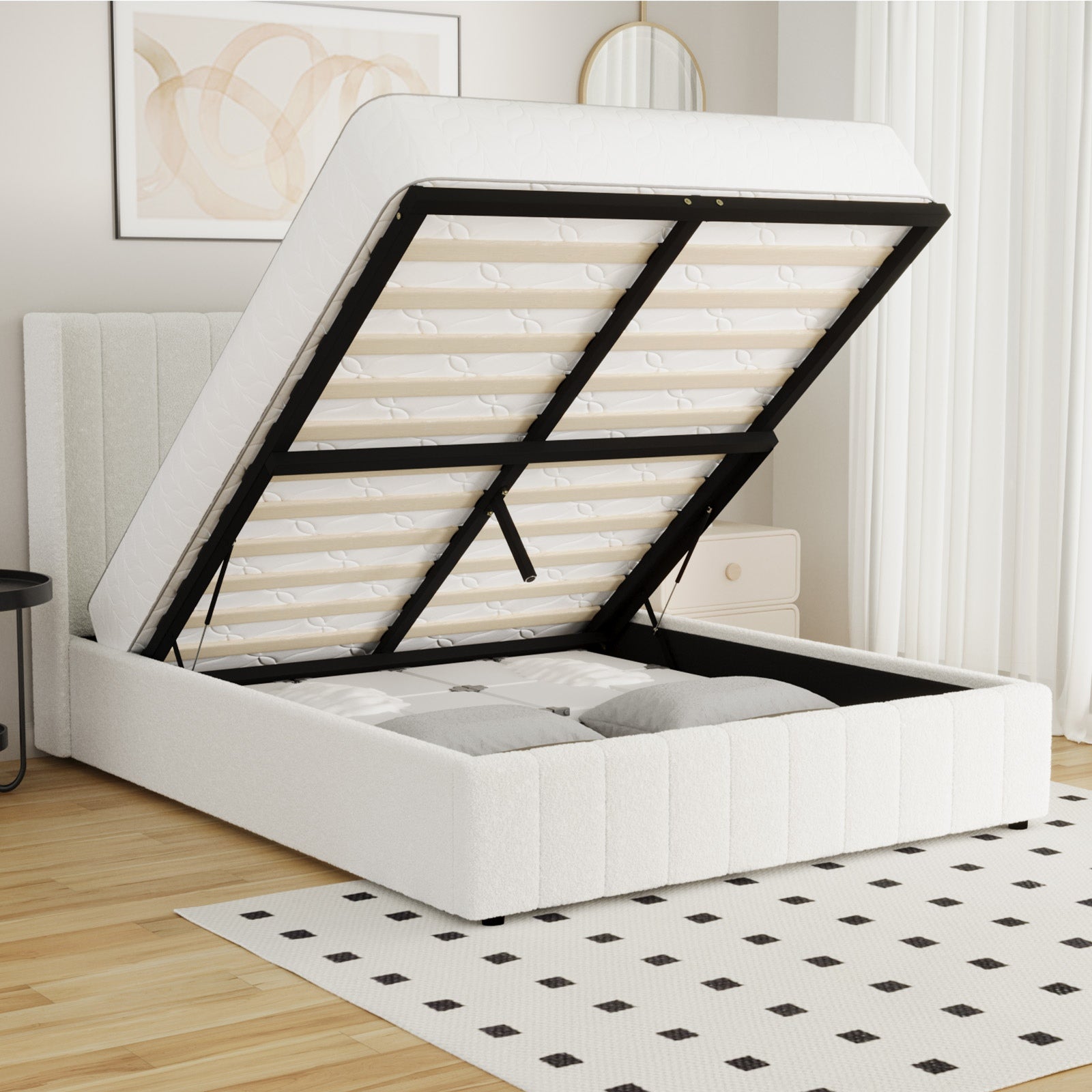 Oikiture Bed Frame Double Size Gas Lift Base with Storage Boucle Fabric White - Sunyee