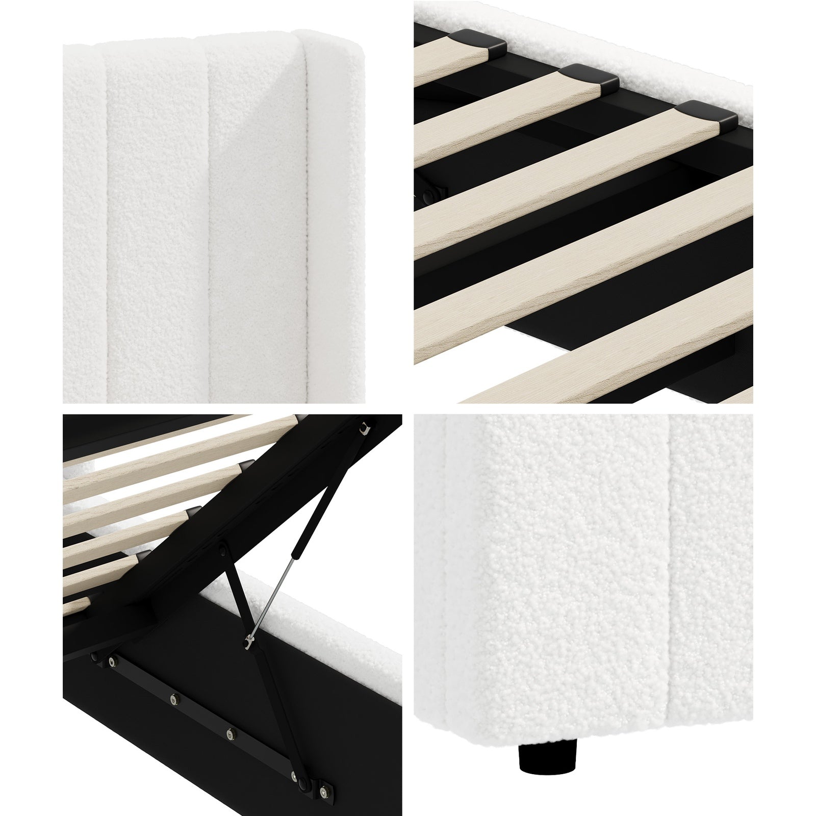 Oikiture Bed Frame Double Size Gas Lift Base with Storage Boucle Fabric White - Sunyee