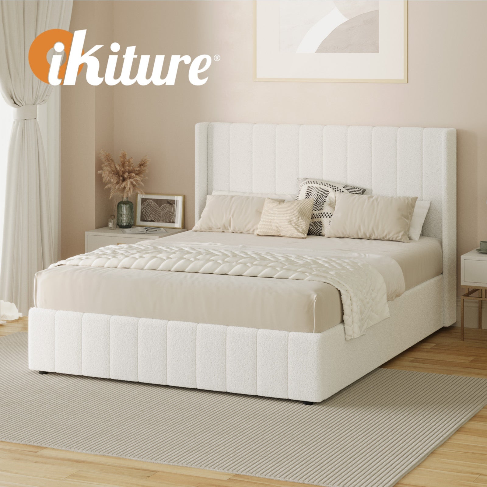 Oikiture Bed Frame Double Size Gas Lift Base with Storage Boucle Fabric White - Sunyee