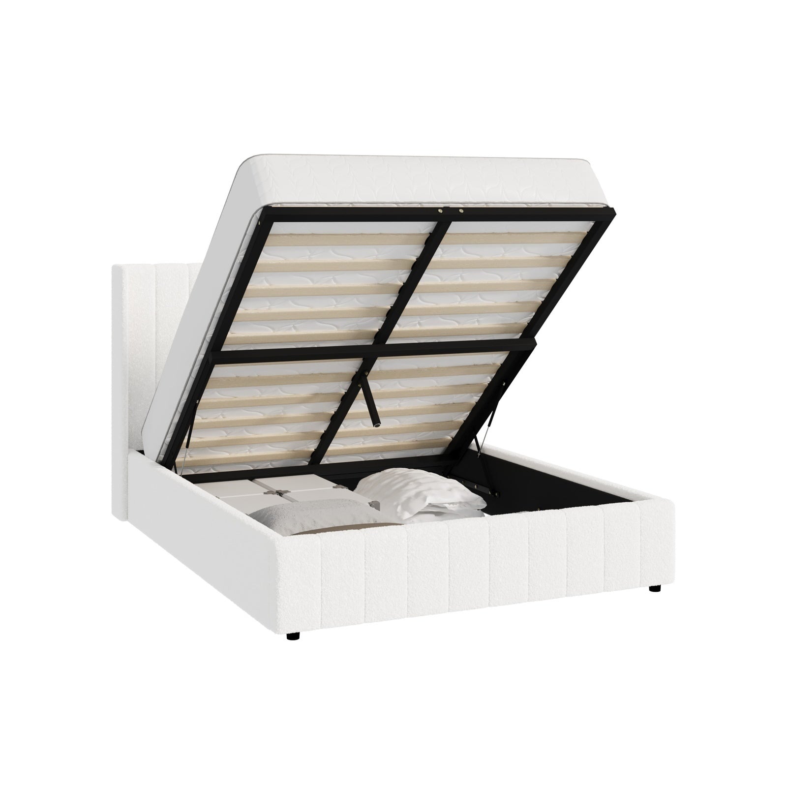 Oikiture Bed Frame Double Size Gas Lift Base with Storage Boucle Fabric White - Sunyee