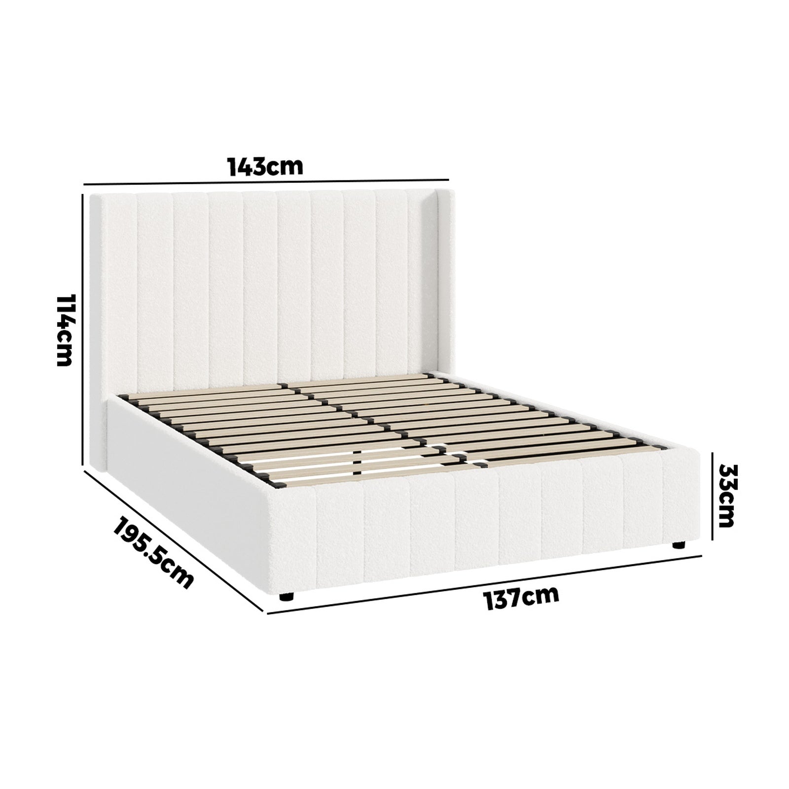 Oikiture Bed Frame Double Size Gas Lift Base with Storage Boucle Fabric White - Sunyee