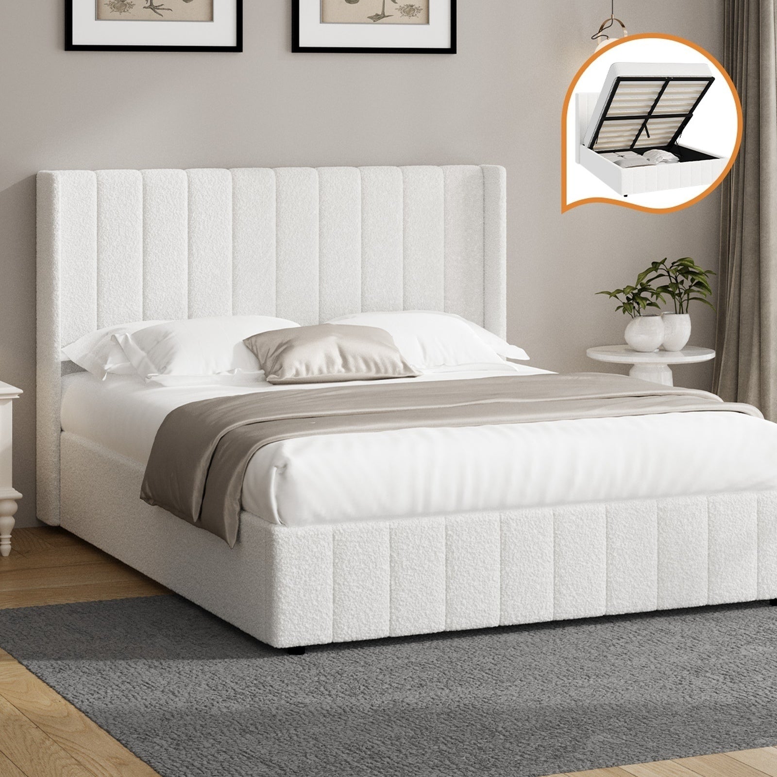 Oikiture Bed Frame Double Size Gas Lift Base with Storage Boucle Fabric White - Sunyee