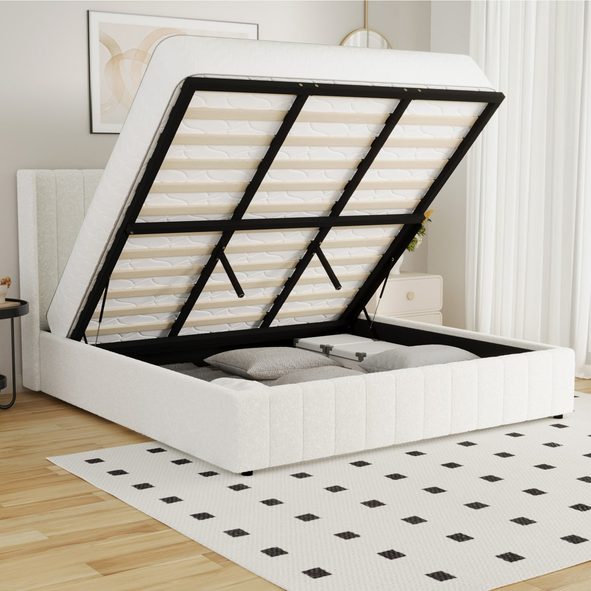 Oikiture Bed Frame King Size Gas Lift Base with Storage Boucle Fabric White - Sunyee