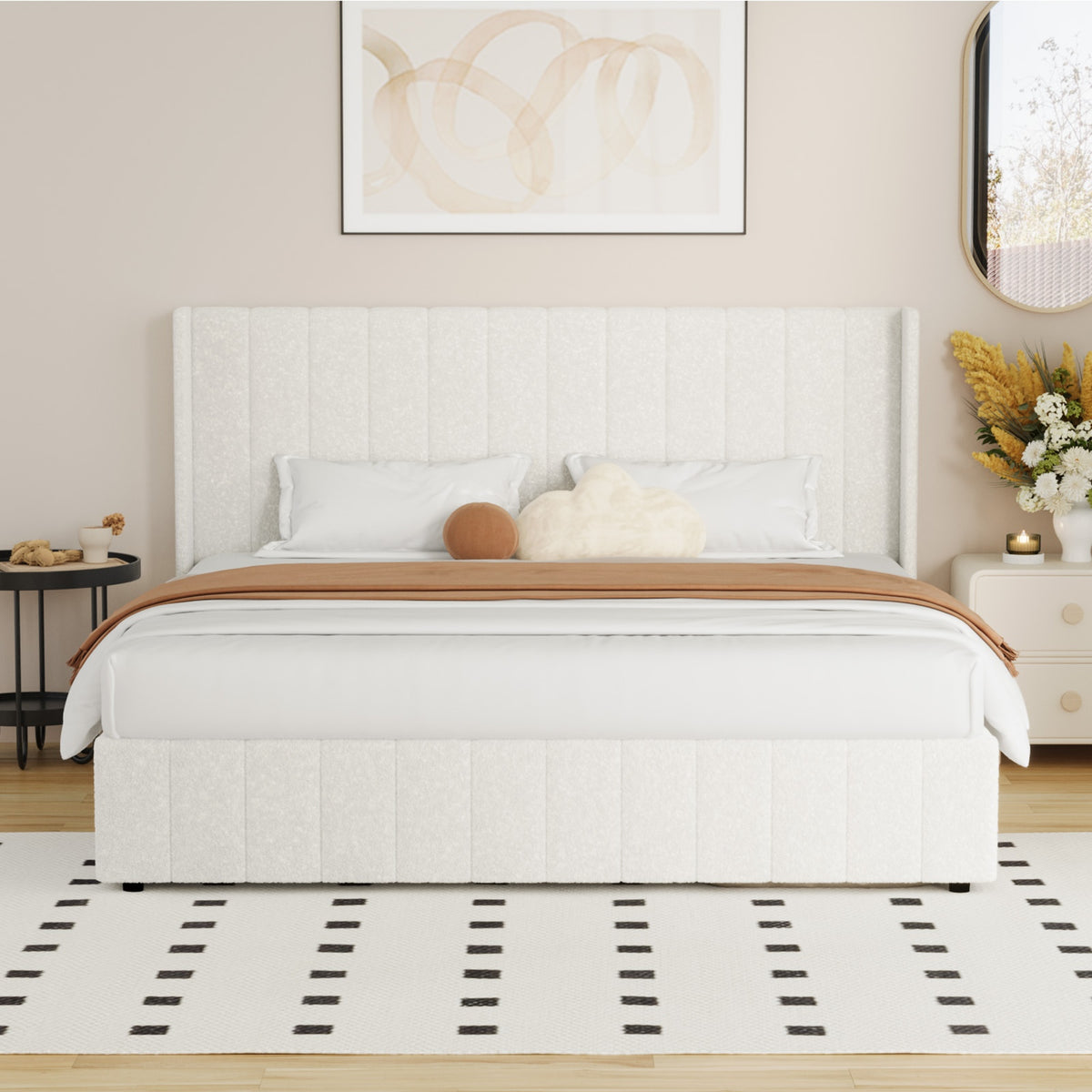 Oikiture Bed Frame King Size Gas Lift Base with Storage Boucle Fabric White - Sunyee