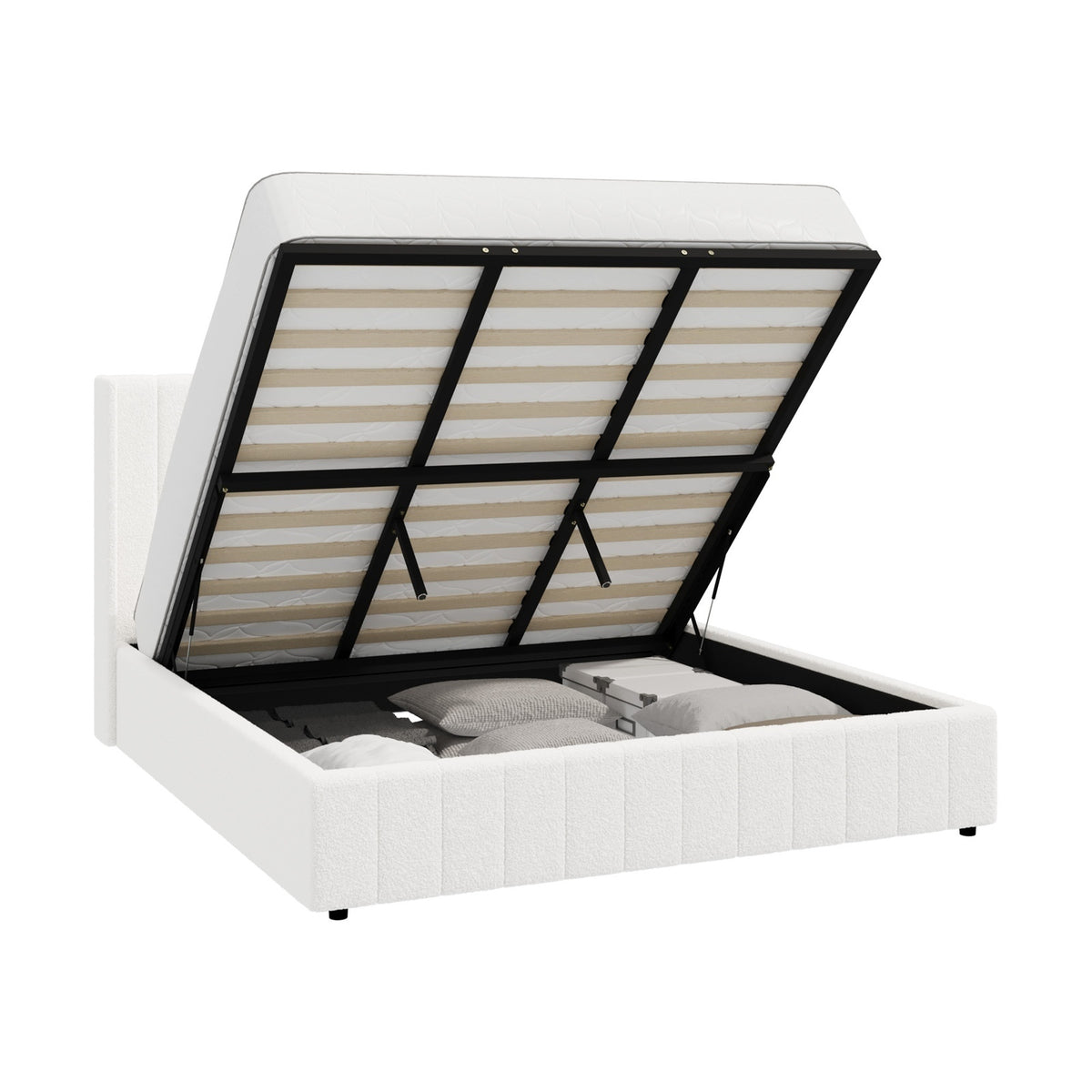 Oikiture Bed Frame King Size Gas Lift Base with Storage Boucle Fabric White - Sunyee