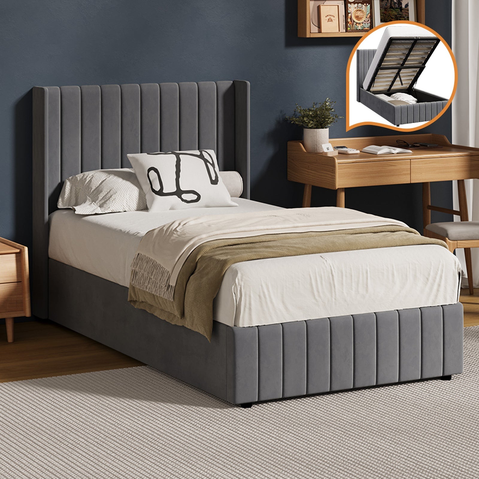 Oikiture Bed Frame King Single Gas Lift Base with Storage Velvet Grey - Sunyee