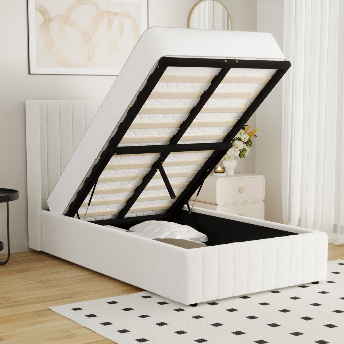 Oikiture Bed Frame King Single Gas Lift Base with Storage Boucle Fabric White - Sunyee