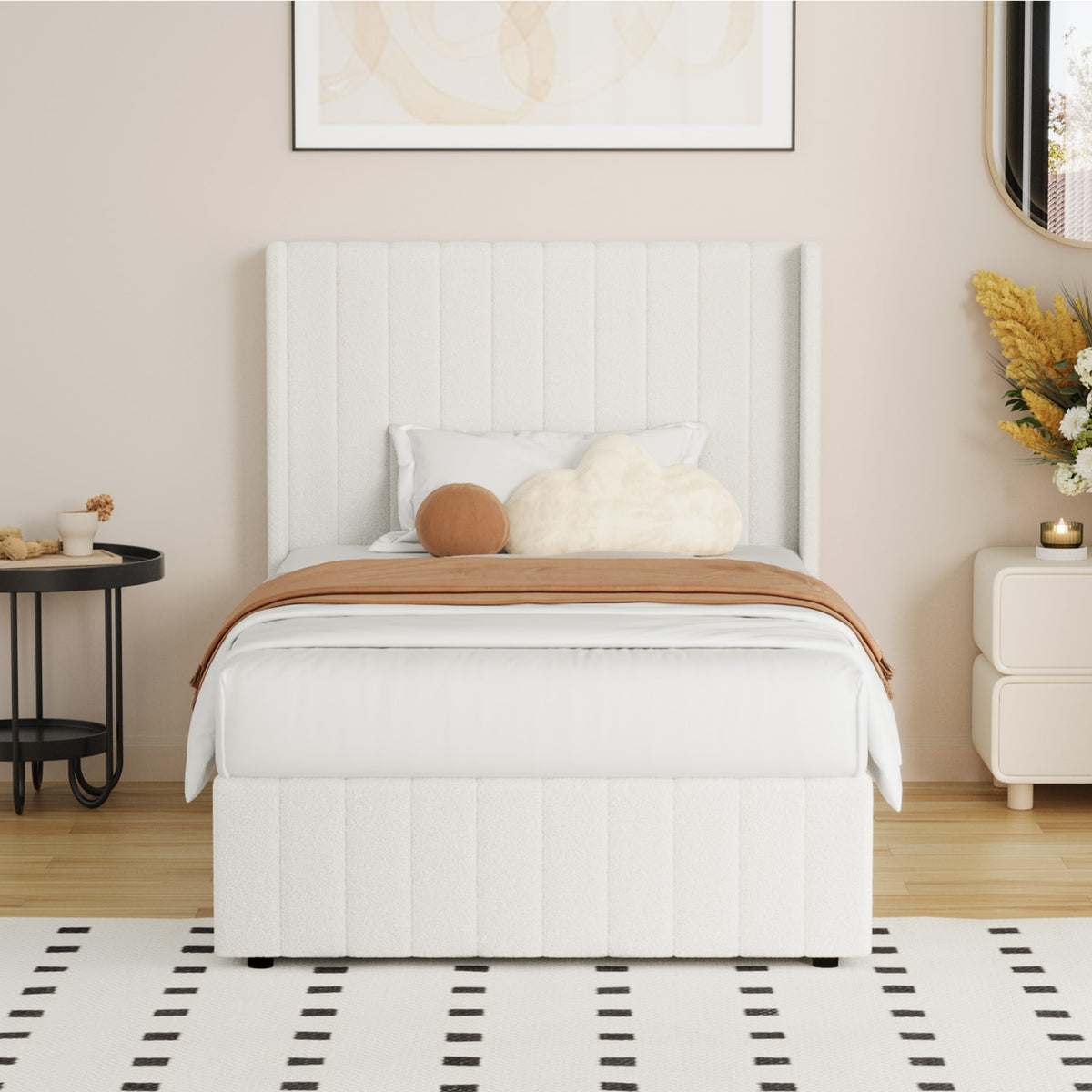 Oikiture Bed Frame King Single Gas Lift Base with Storage Boucle Fabric White - Sunyee