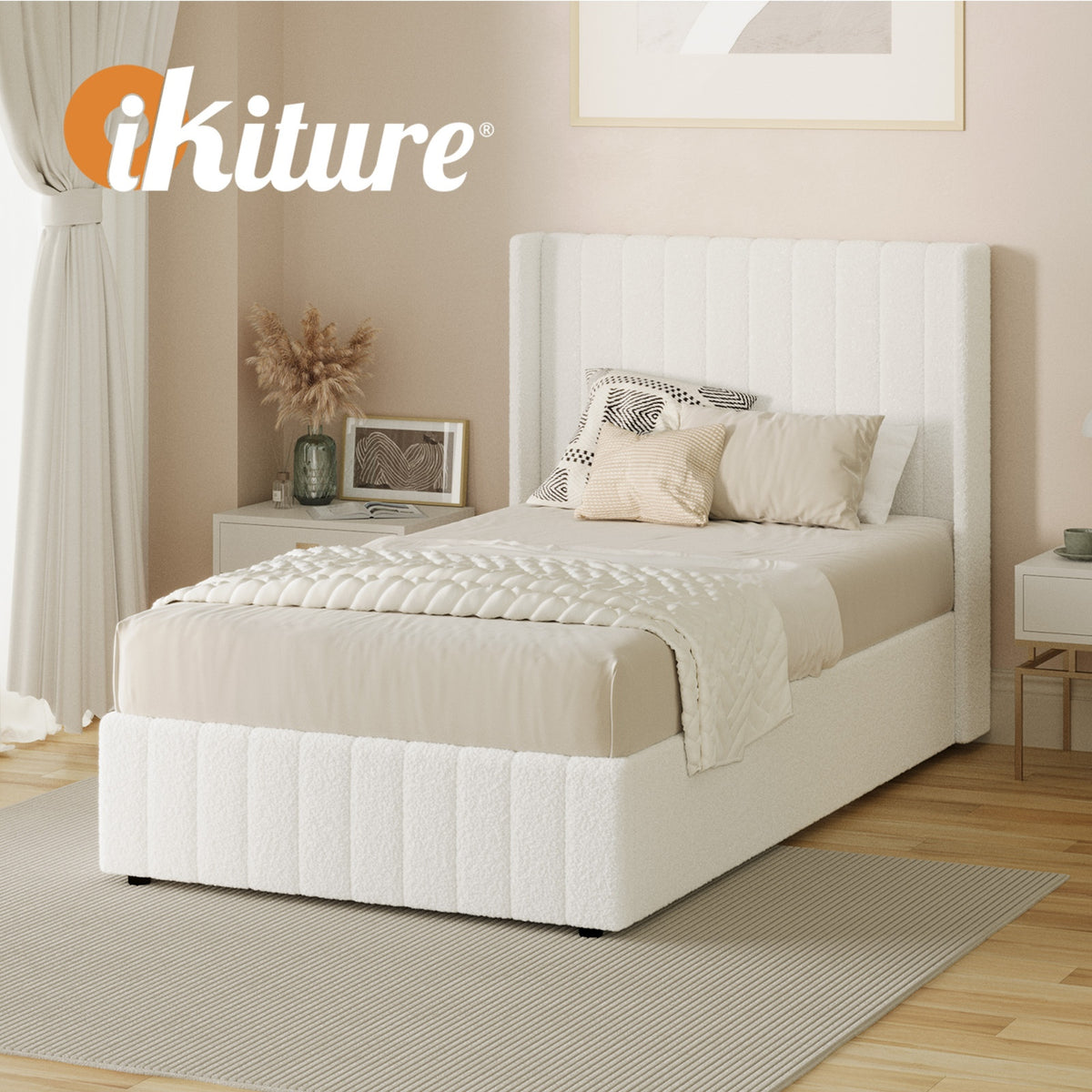Oikiture Bed Frame King Single Gas Lift Base with Storage Boucle Fabric White - Sunyee