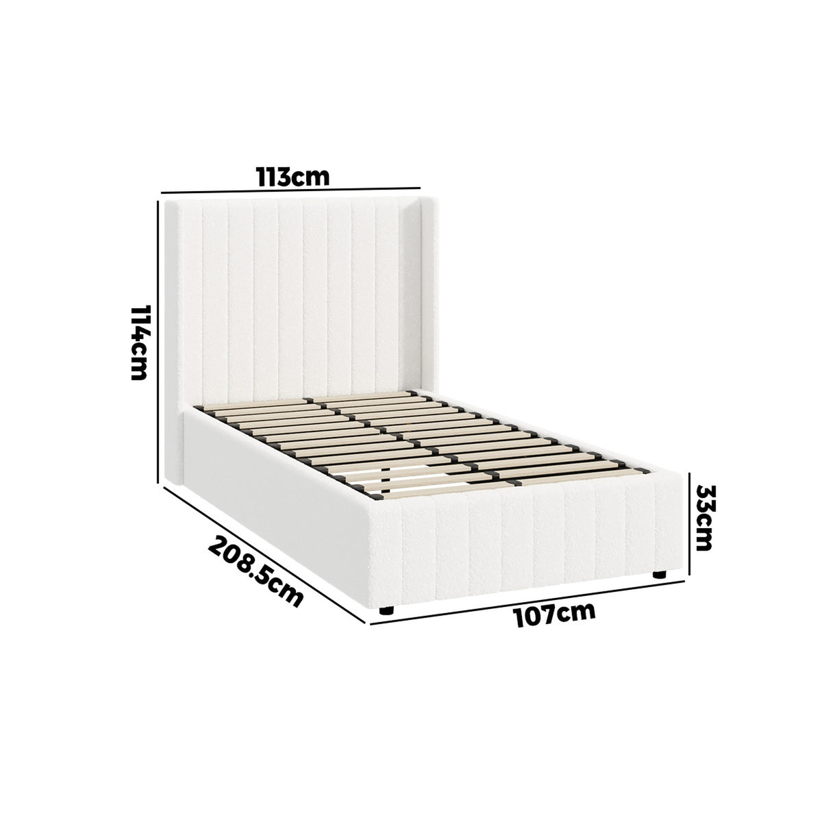 Oikiture Bed Frame King Single Gas Lift Base with Storage Boucle Fabric White - Sunyee