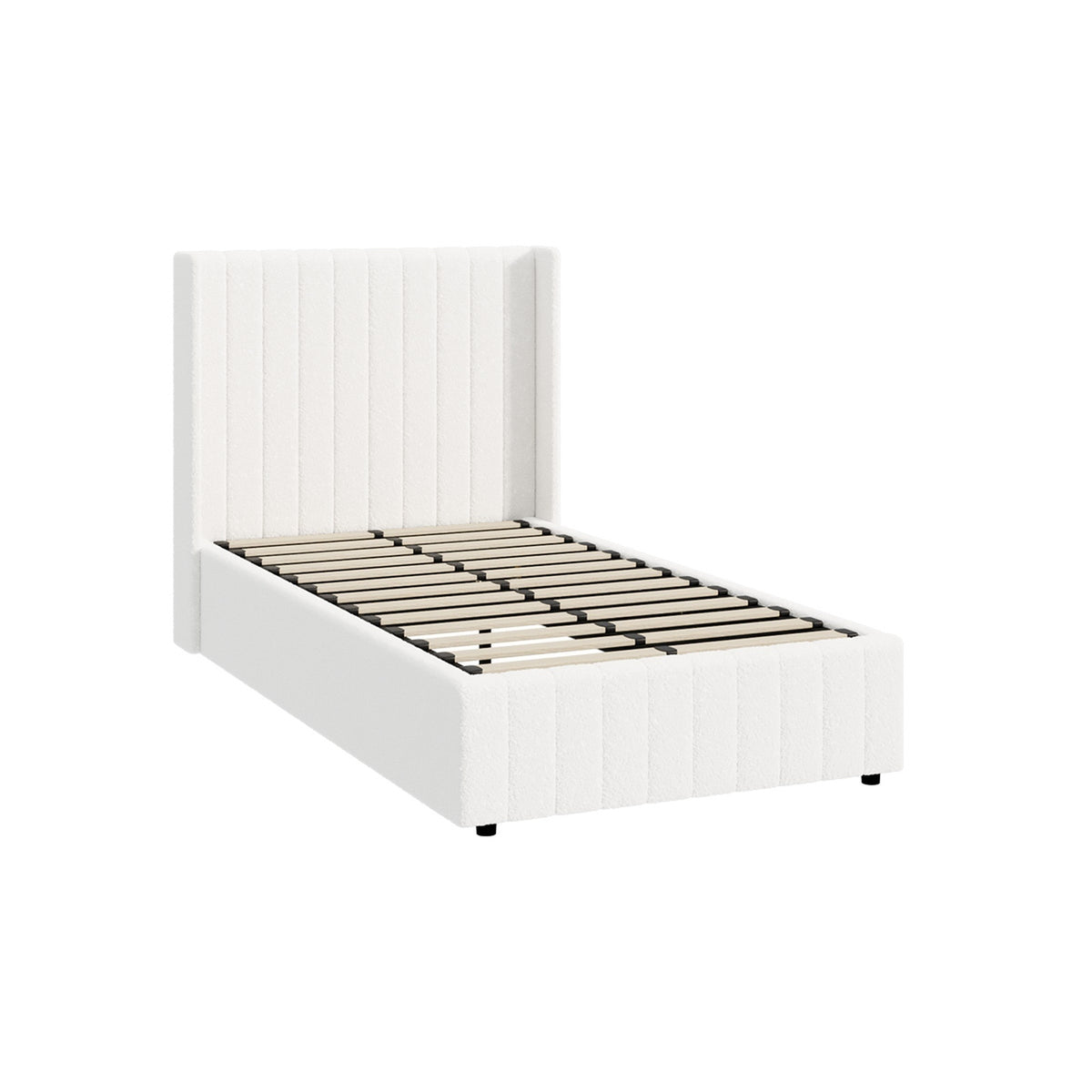 Oikiture Bed Frame King Single Gas Lift Base with Storage Boucle Fabric White - Sunyee
