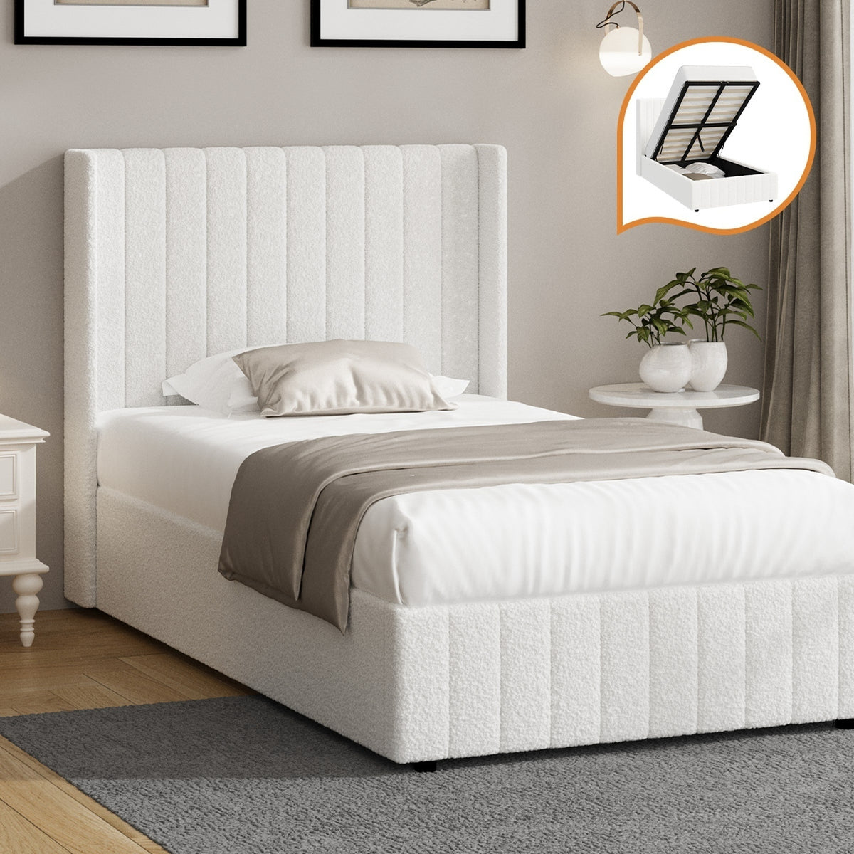 Oikiture Bed Frame King Single Gas Lift Base with Storage Boucle Fabric White - Sunyee