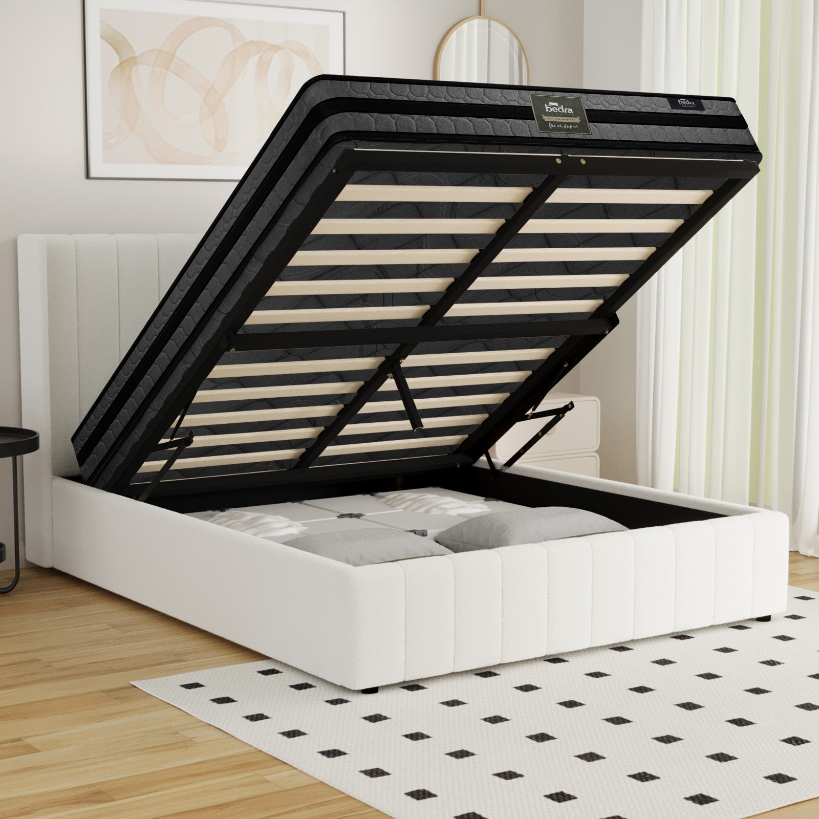 Oikiture Bed Frame Double Size Gas Lift Storage Boucle Beds W/ Mattress Set BILY - Sunyee