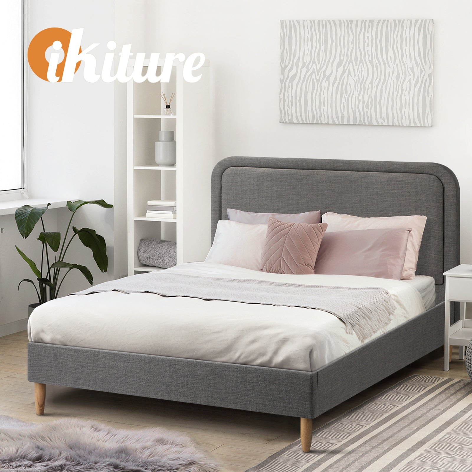 Oikiture Bed Frame Double Size Beds Base Platform Fabric Grey BOB - Sunyee