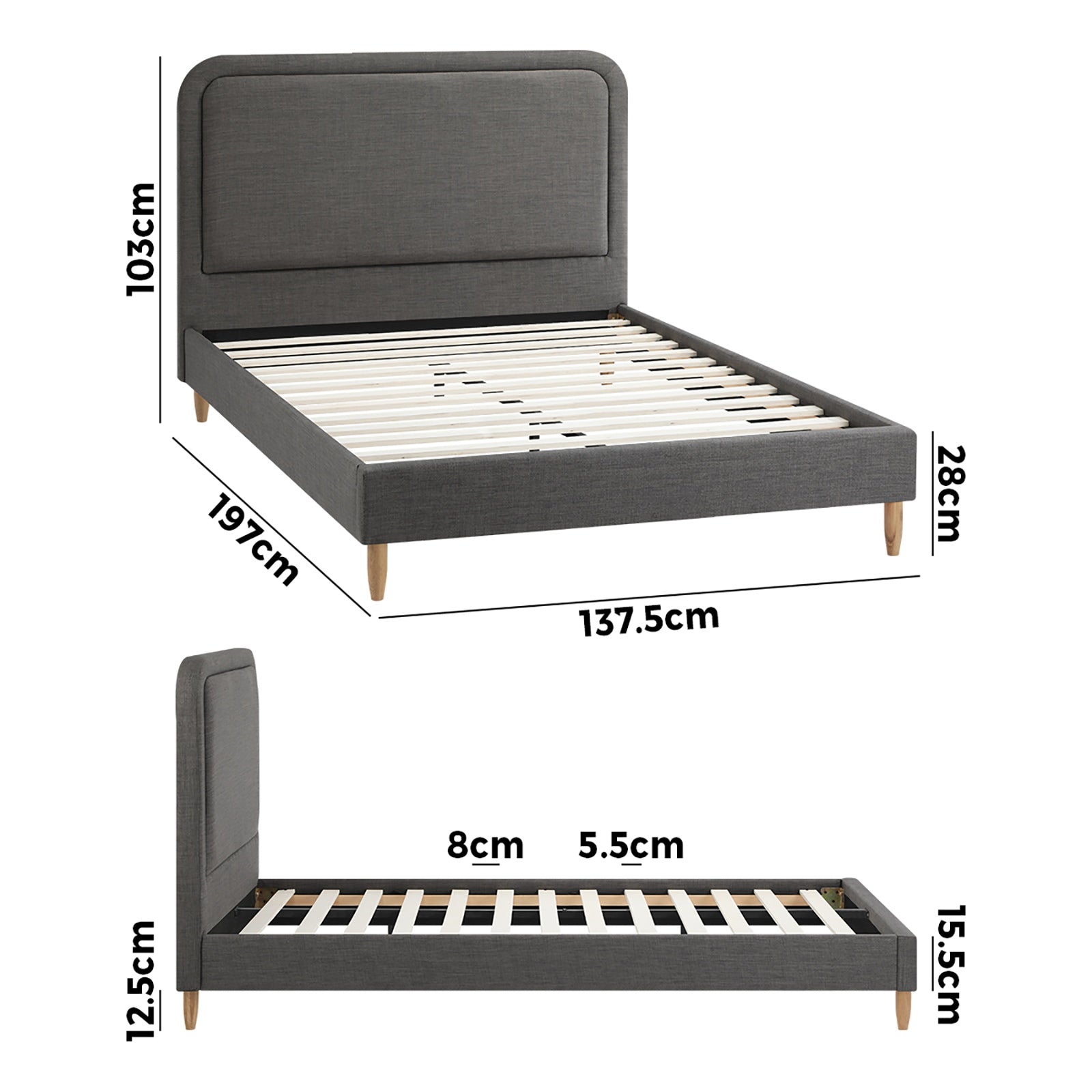 Oikiture Bed Frame Queen Size Beds Base Platform Fabric Grey BOB - Sunyee