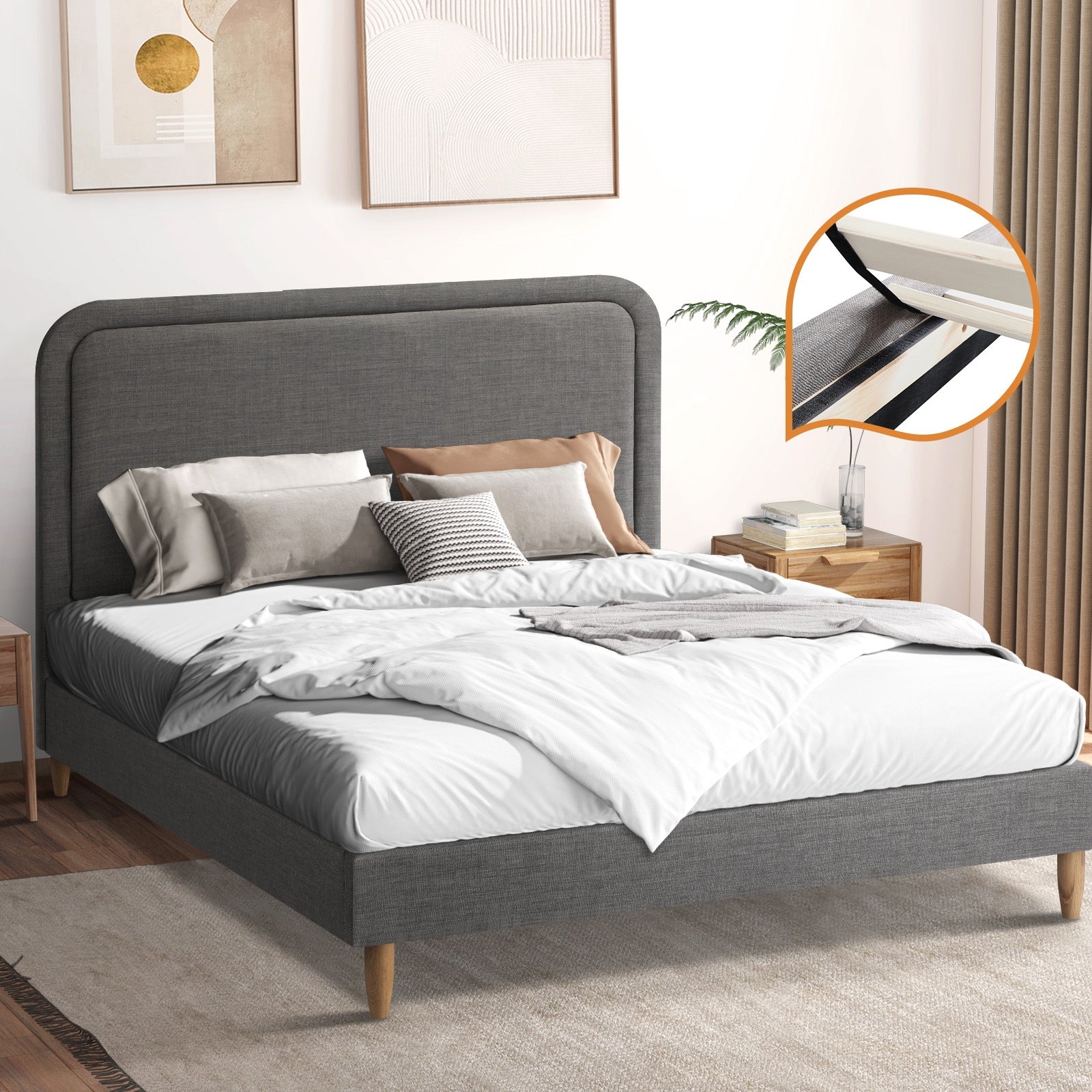 Oikiture Bed Frame Queen Size Beds Base Platform Fabric Grey BOB - Sunyee