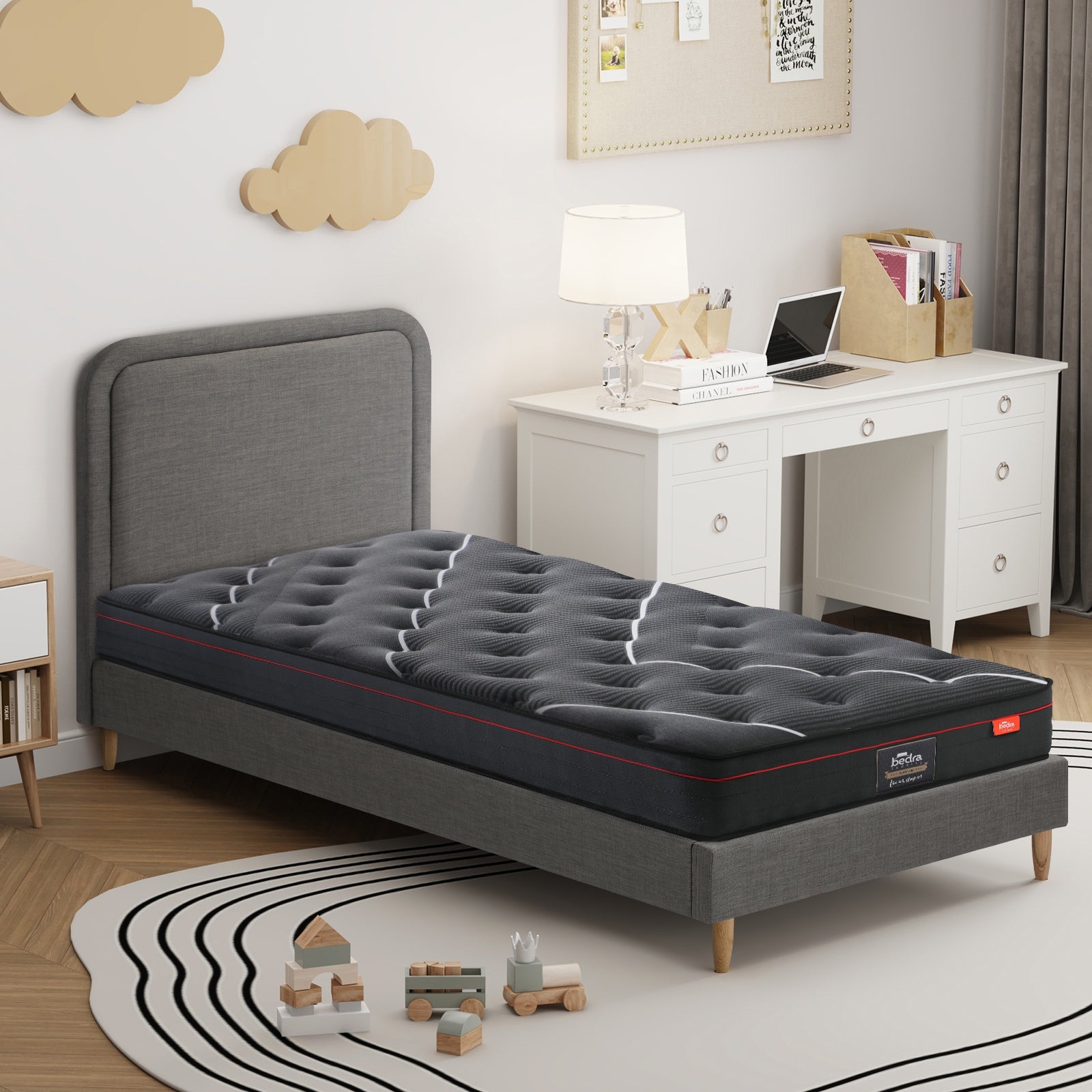 Oikiture Bed Frame King Single Size Beds Platform Base with Mattress Grey Fabric - Sunyee