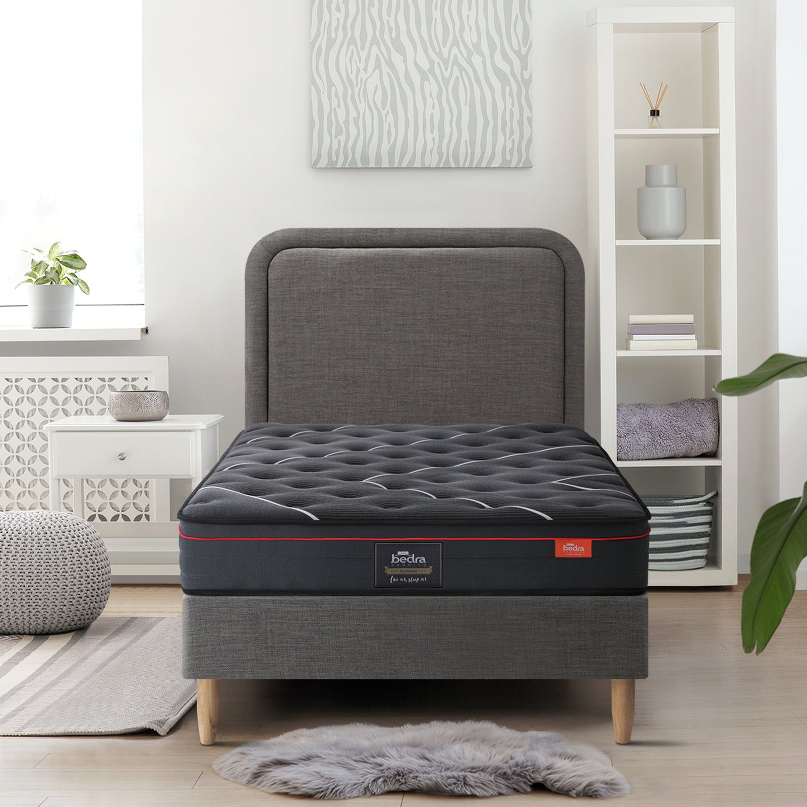 Oikiture Bed Frame King Single Size Beds Platform Base with Mattress Grey Fabric - Sunyee