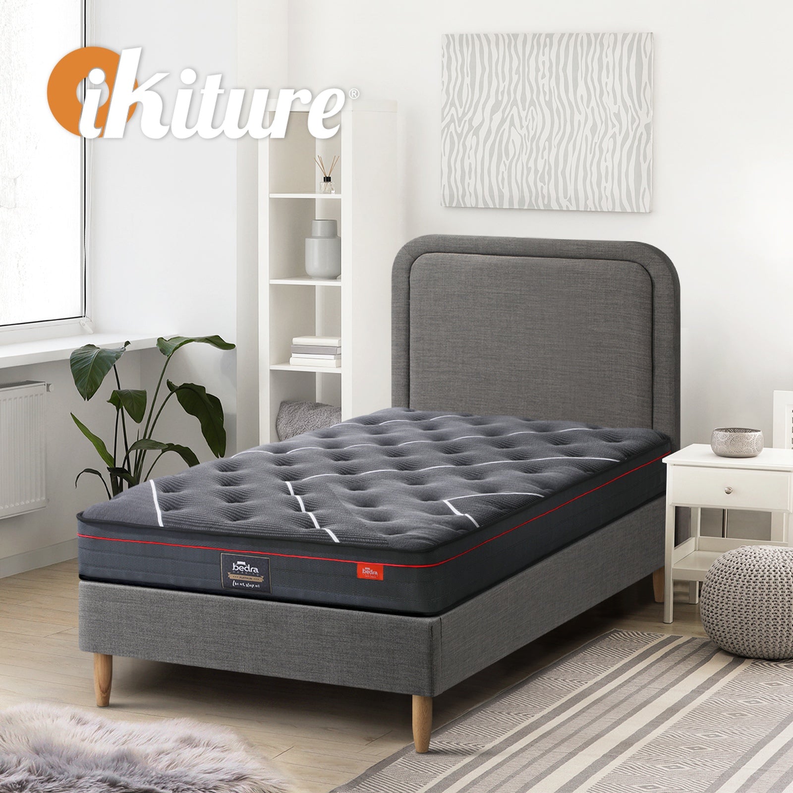 Oikiture Bed Frame King Single Size Beds Platform Base with Mattress Grey Fabric - Sunyee