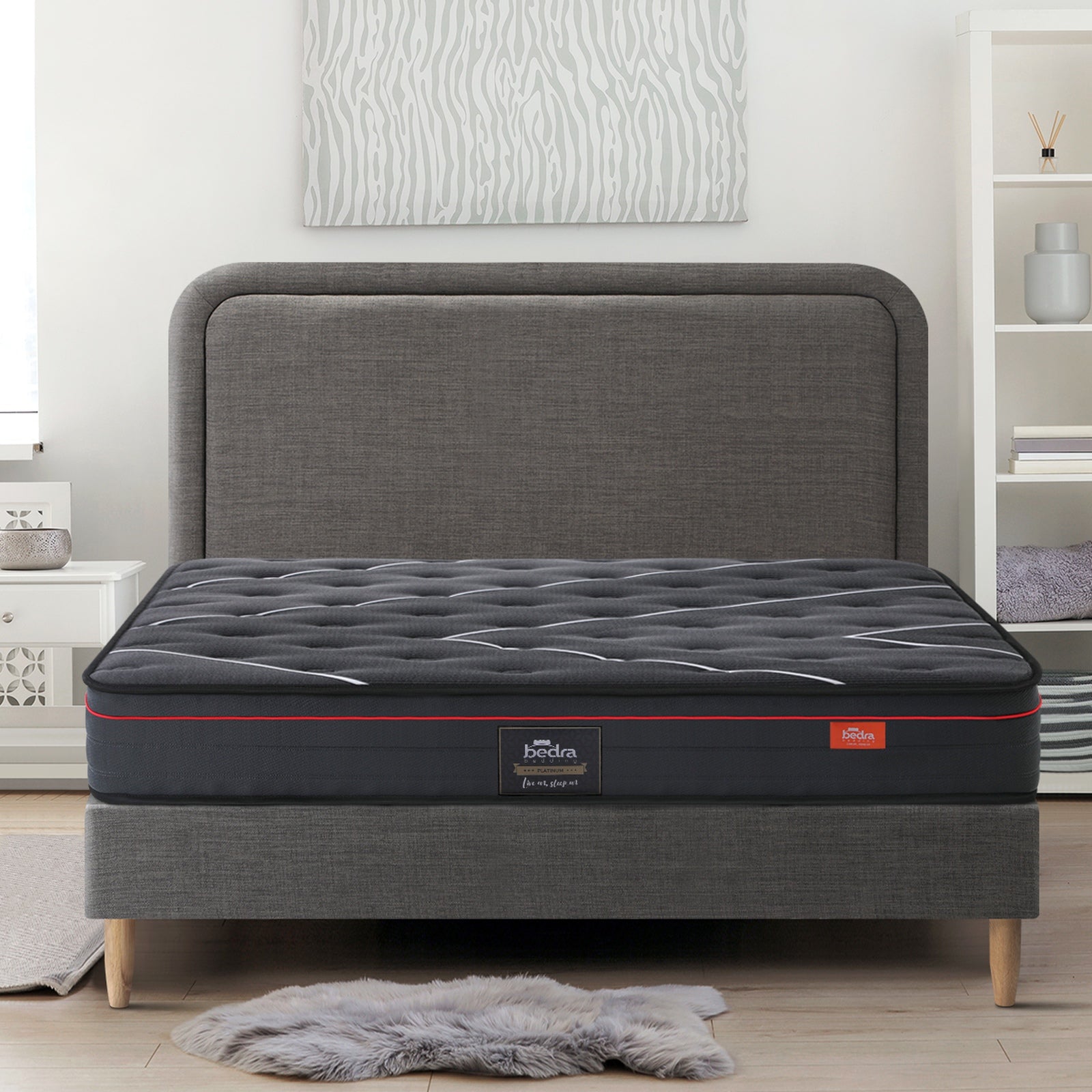 Oikiture Bed Frame Queen Size Beds Platform Base with Mattress Grey Fabric - Sunyee