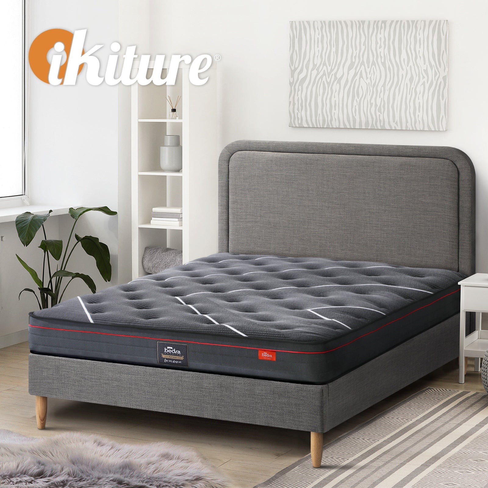 Oikiture Bed Frame Queen Size Beds Platform Base with Mattress Grey Fabric - Sunyee